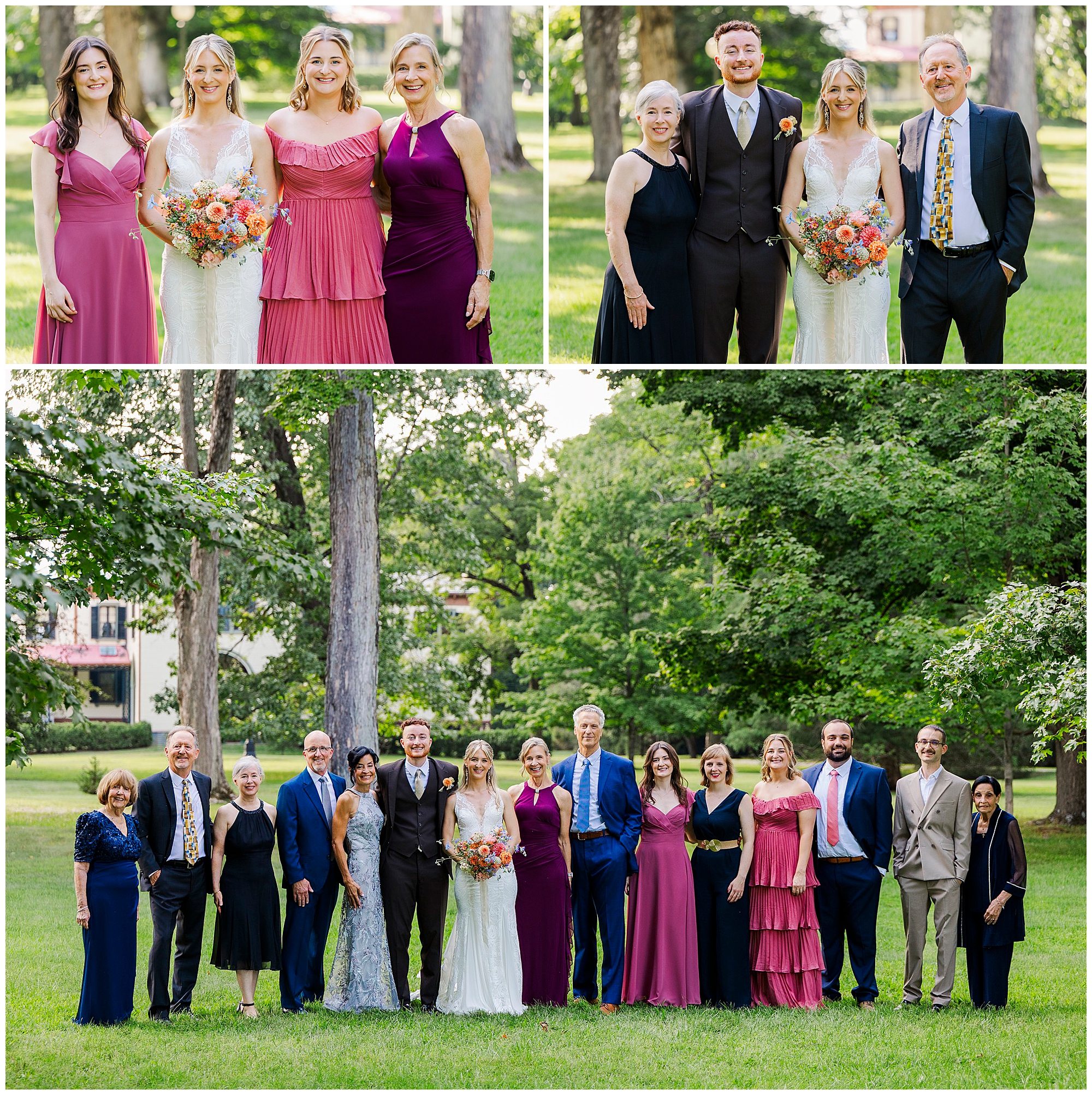 Wedding party portraits on the lawn, with couples and individuals in formal attire holding flowers.