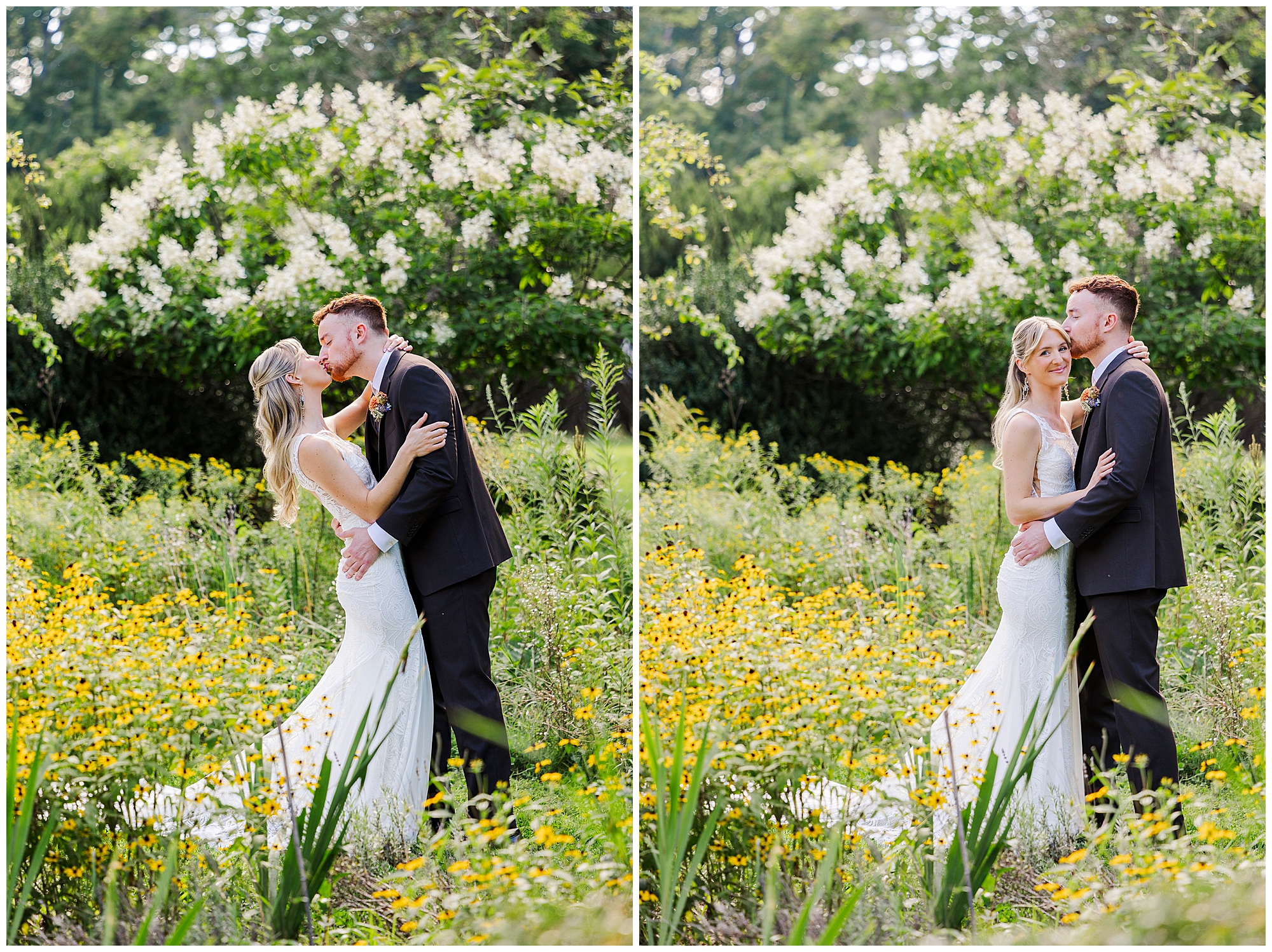 Bride and groom embrace in a field of yellow wildflowers, kissing in one photo and smiling at the camera in the other.