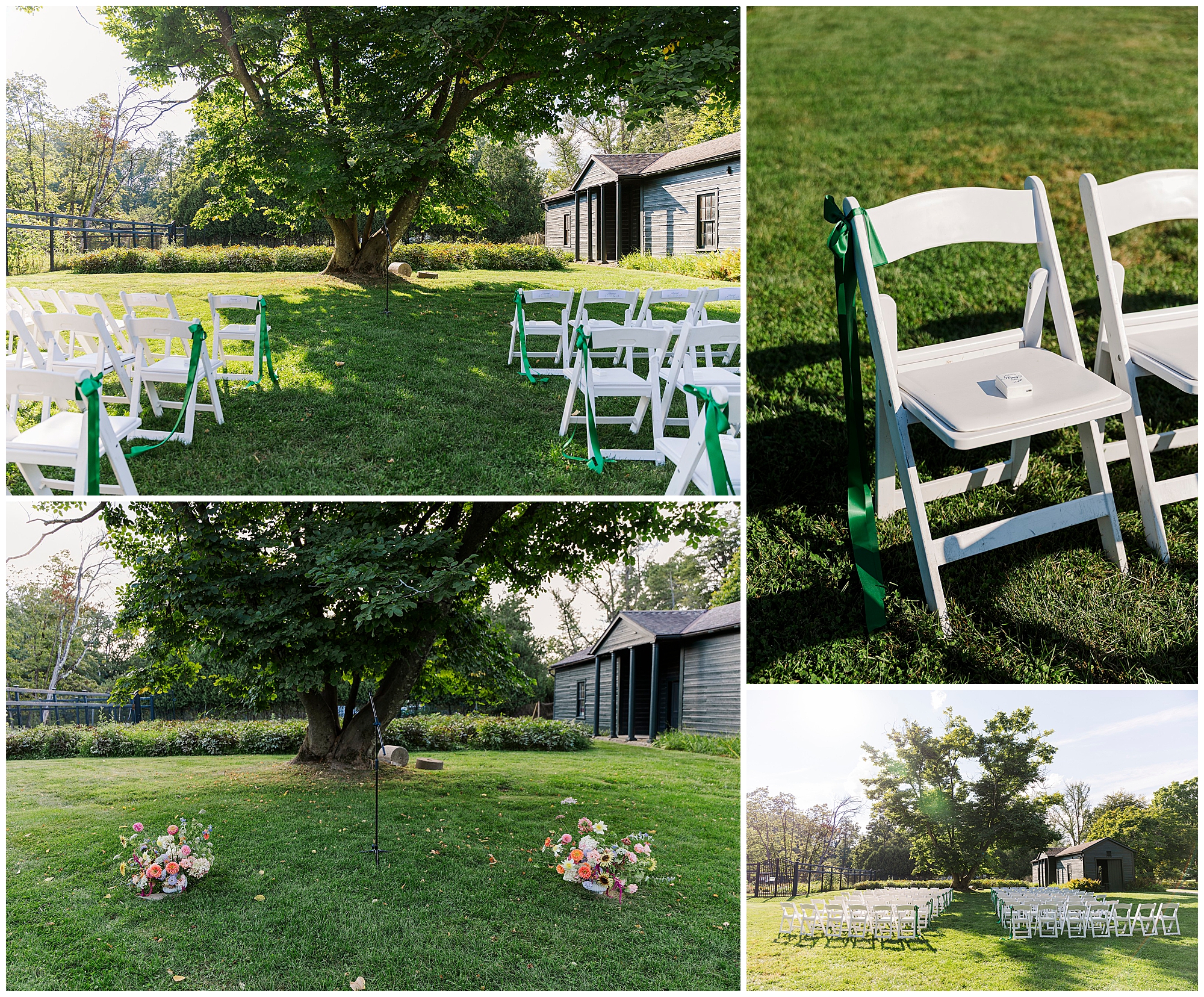 Ceremony setup at Locust Grove in Poughkeepsie, NY, with white chairs tied with green ribbons facing a large tree and flower arrangements.