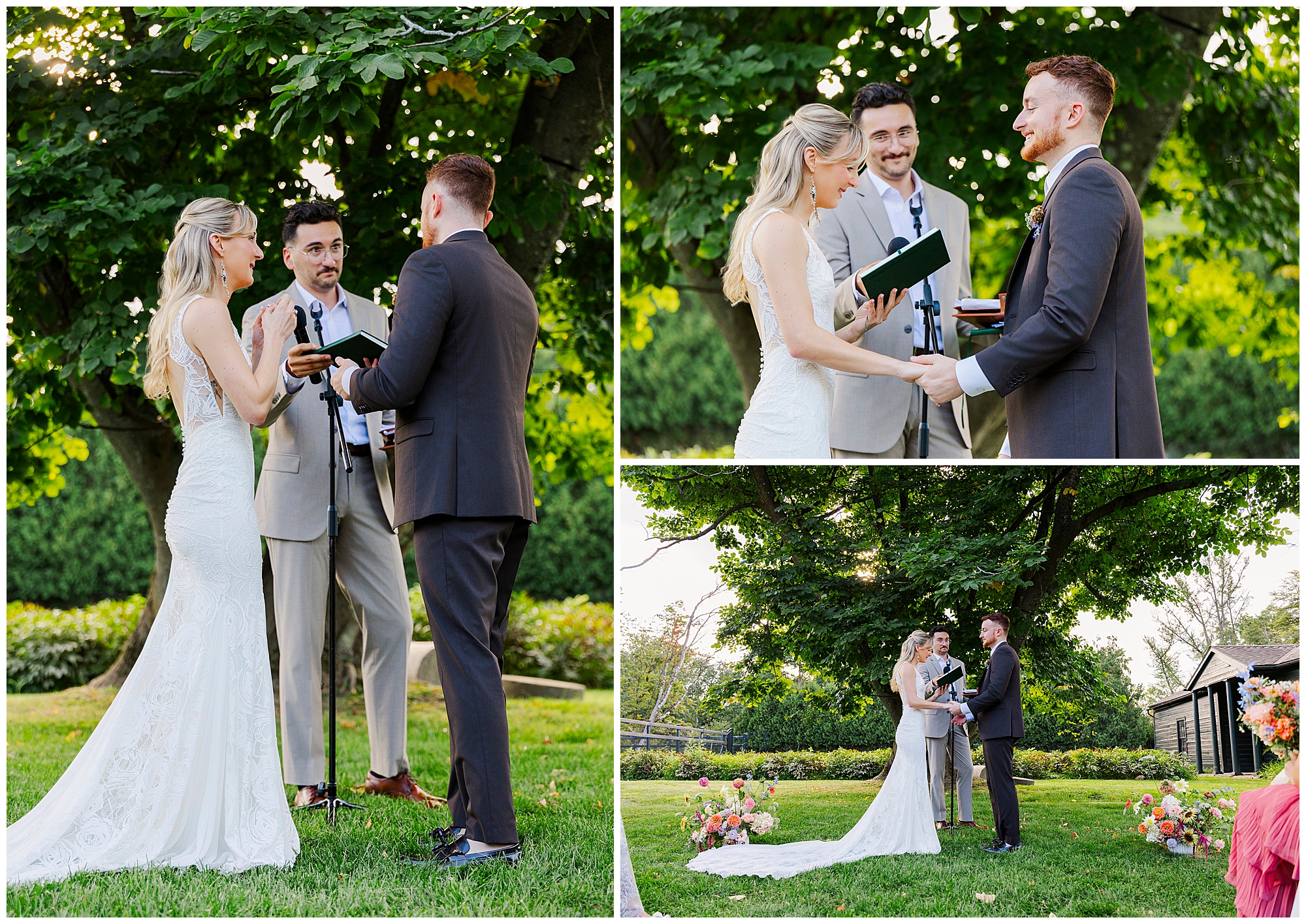 A bride and groom exchange vows outdoors under a tree during their Poughkeepsie area wedding, with an officiant guiding them. The couple holds hands and smiles, surrounded by greenery and floral arrangements.
