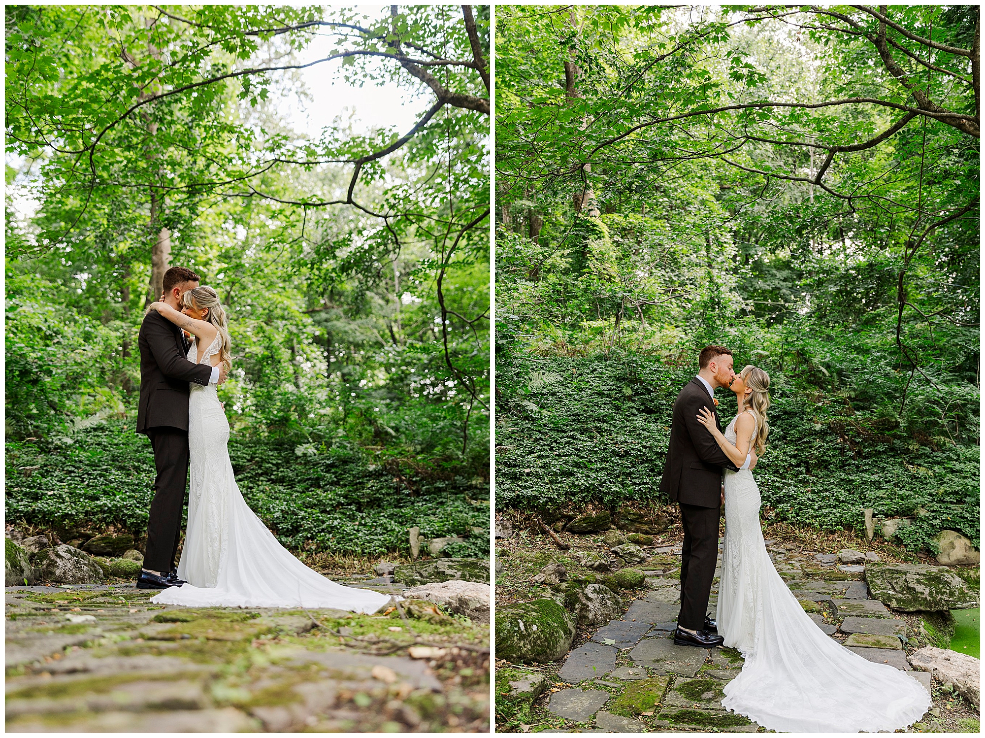 Bride and groom embrace and kiss as sunlight filters through the trees around them.