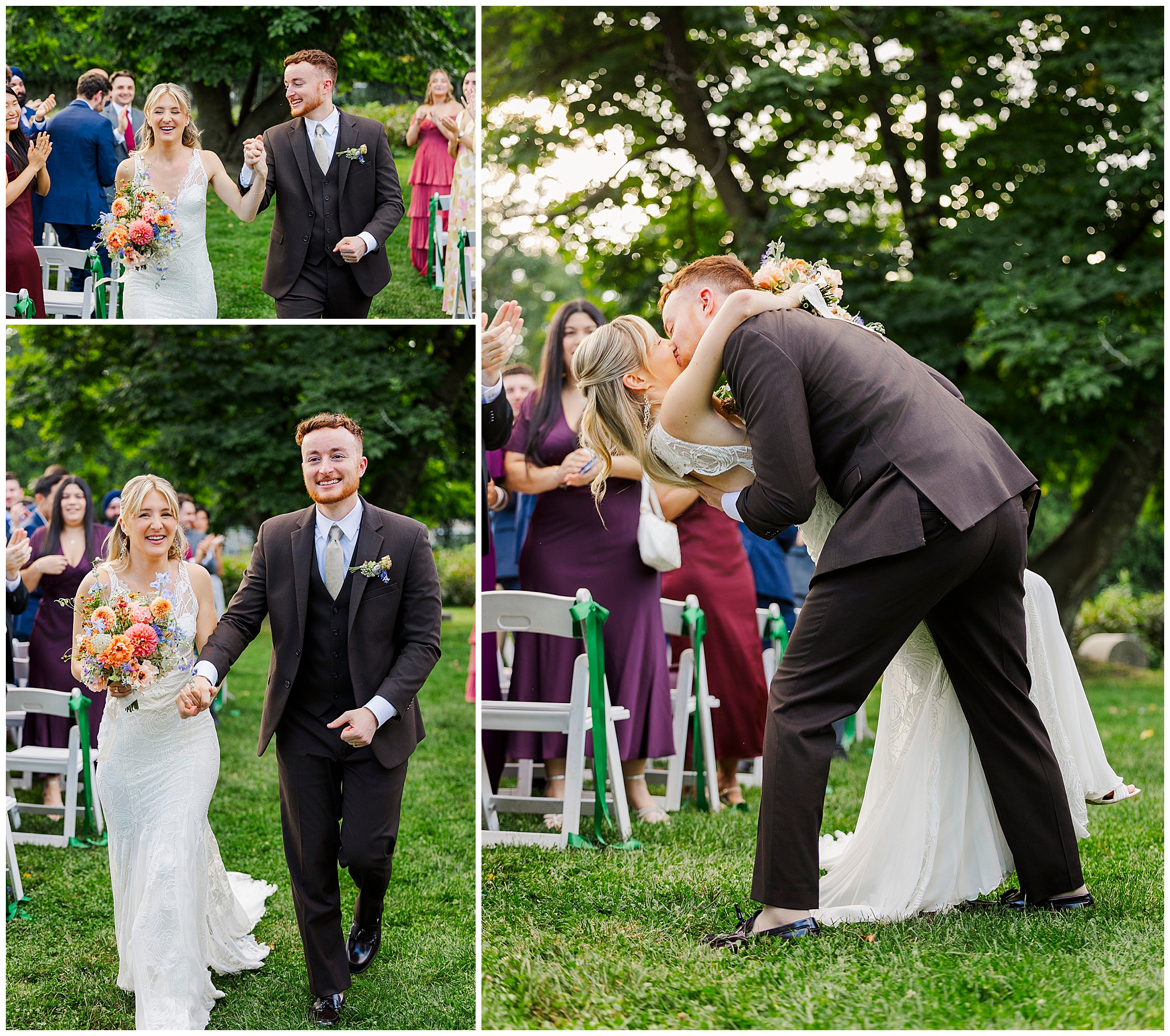 A bride and groom celebrate at their outdoor wedding at Locust Grove, smiling, holding hands, and sharing a kiss surrounded by guests in a lush, green garden setting.