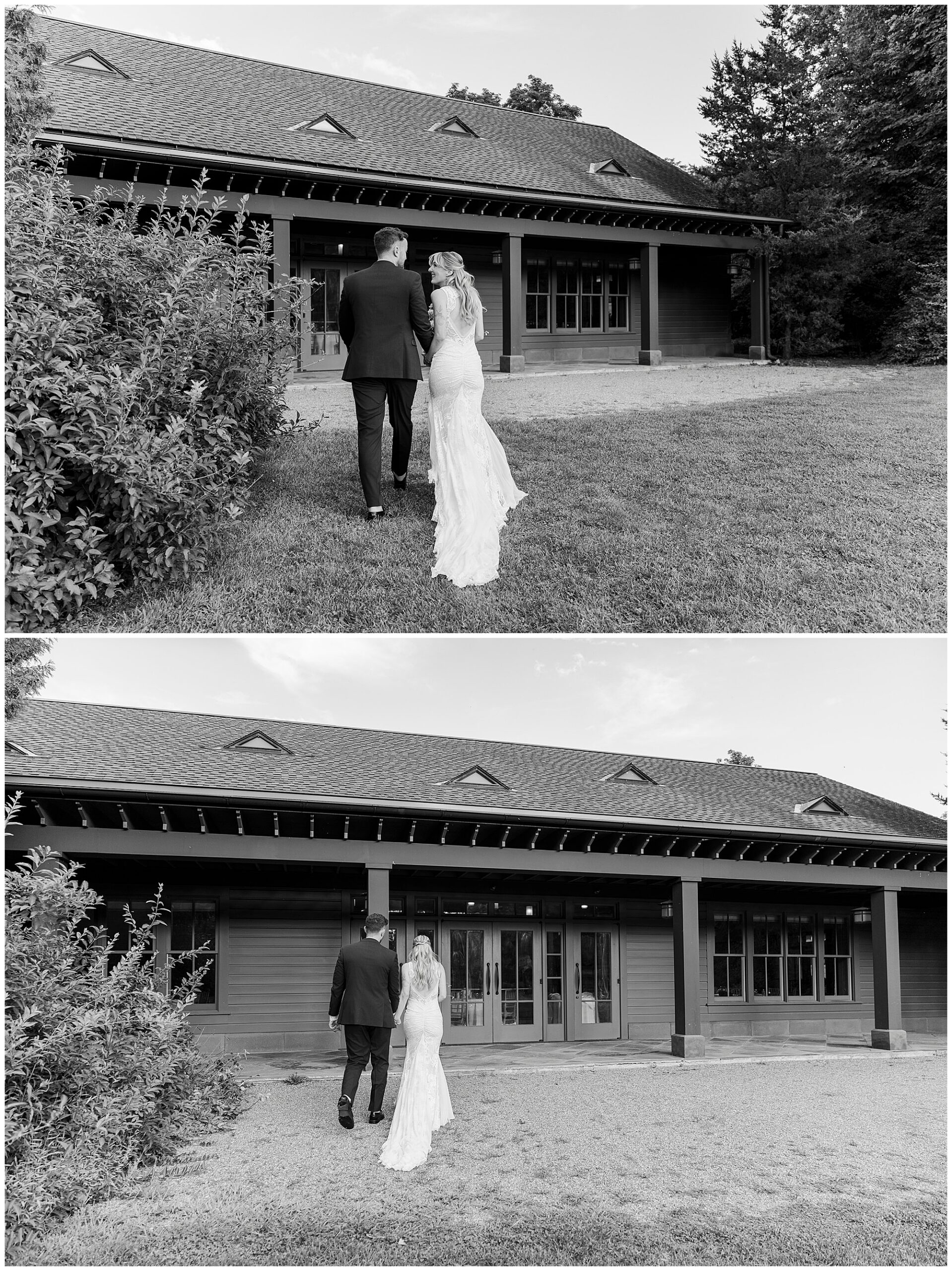 Two black-and-white photos show a bride and groom in formal attire walking hand-in-hand toward a large wooden building with a covered porch, surrounded by grass and trees at a Poughkeepsie area historic estate.