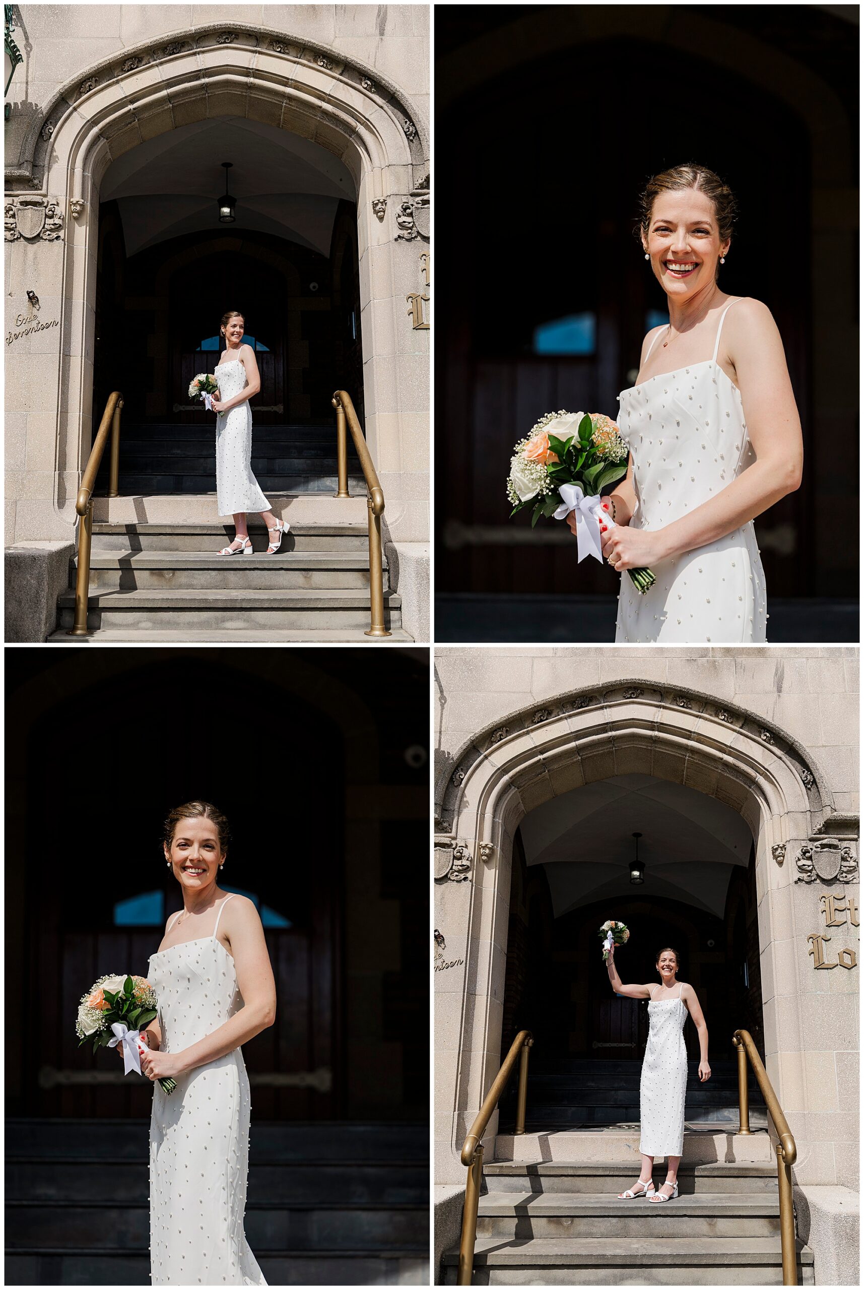 A woman in a white dress holding a bouquet stands and smiles on stone steps outside a building with an arched entrance, posing for photos in bright sunlight after her intimate cafe alaia micro-wedding.