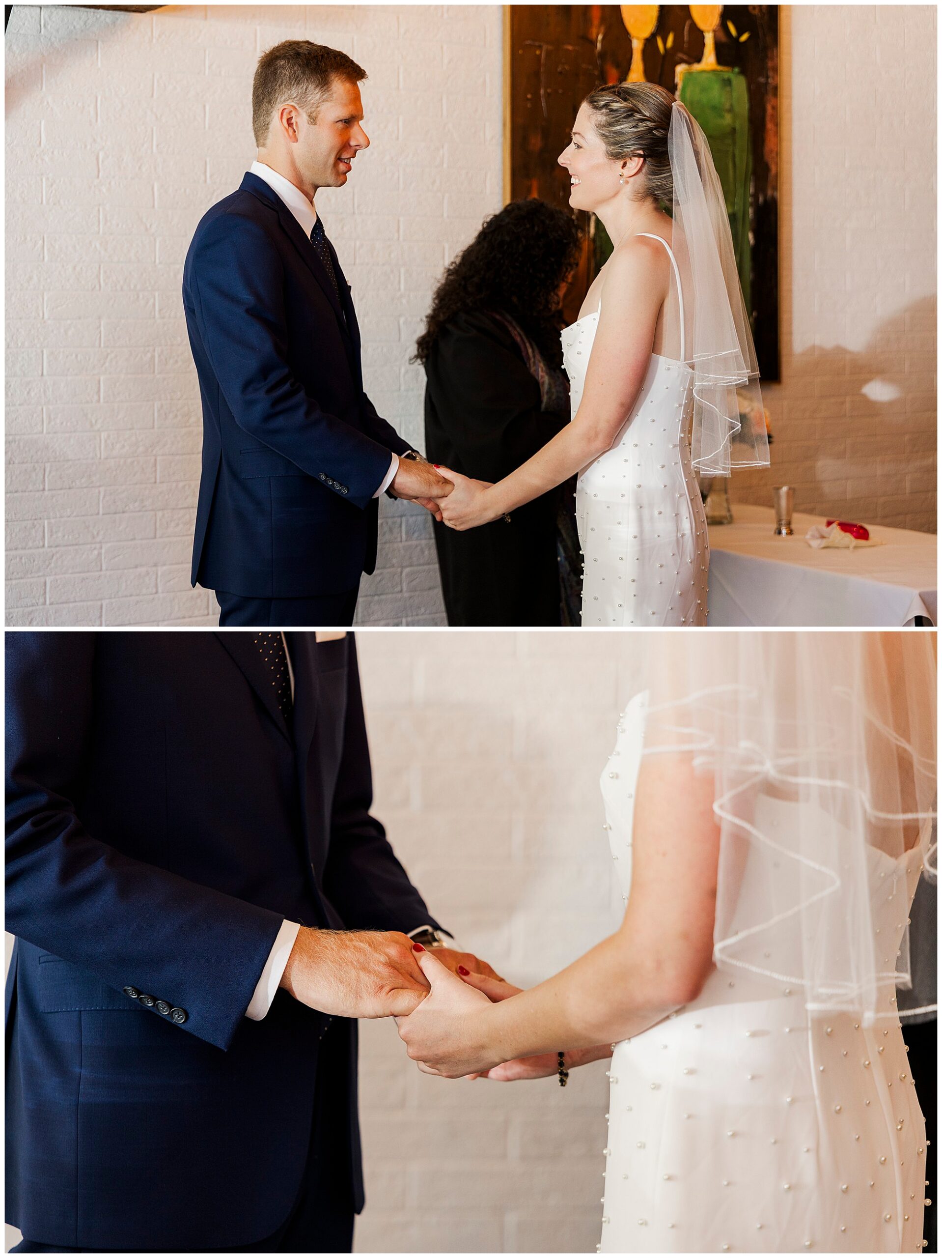 A bride and groom stand facing each other, holding hands during their intimate cafe alaia micro-wedding ceremony. The bride wears a white dress and veil; the groom is in a navy suit. Close-up of their hands is shown in the second image.