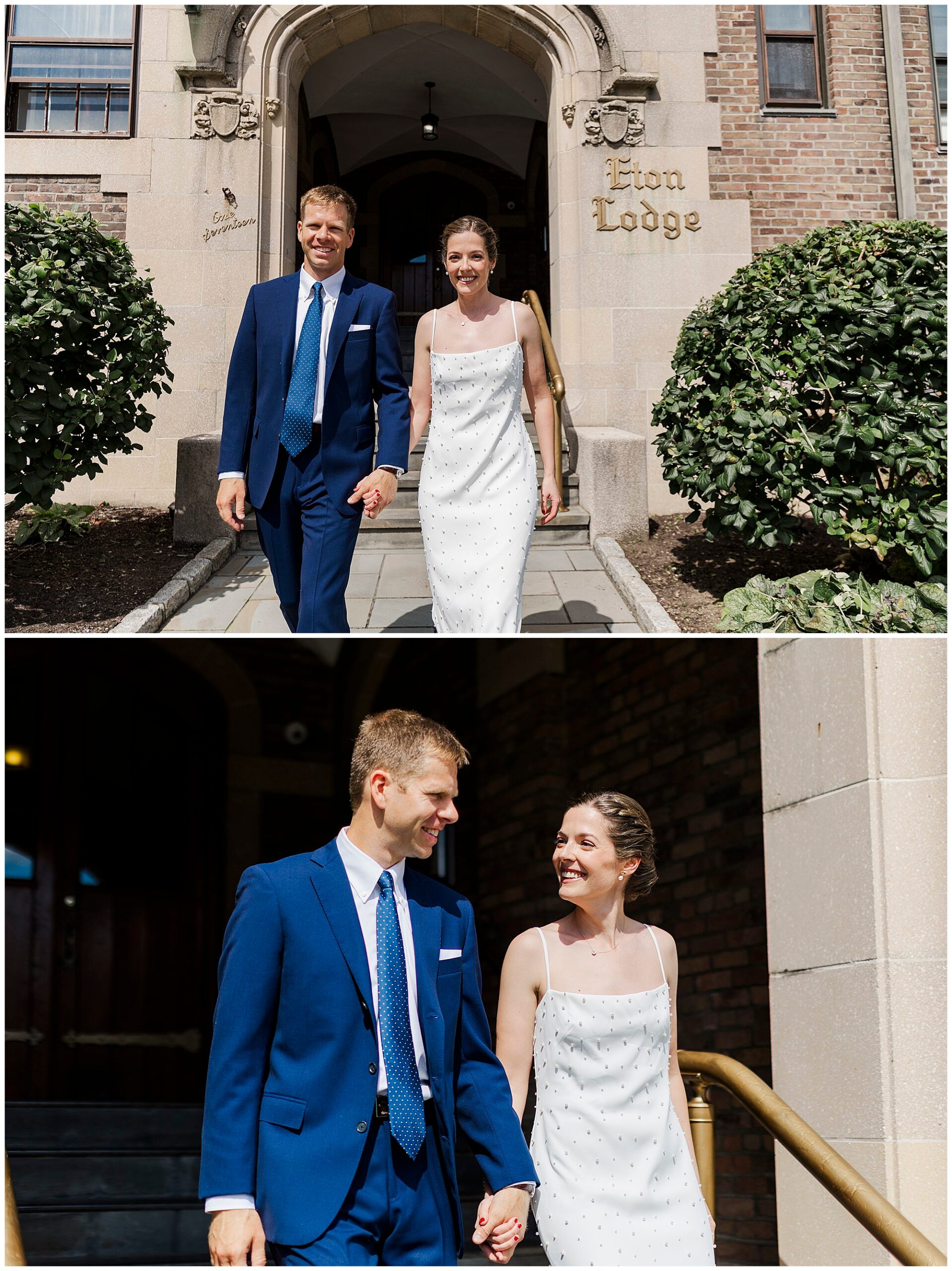 A couple dressed formally, holding hands and smiling as they walk outside a building with Eton Lodge on the wall, celebrating their intimate cafe alaia micro-wedding.