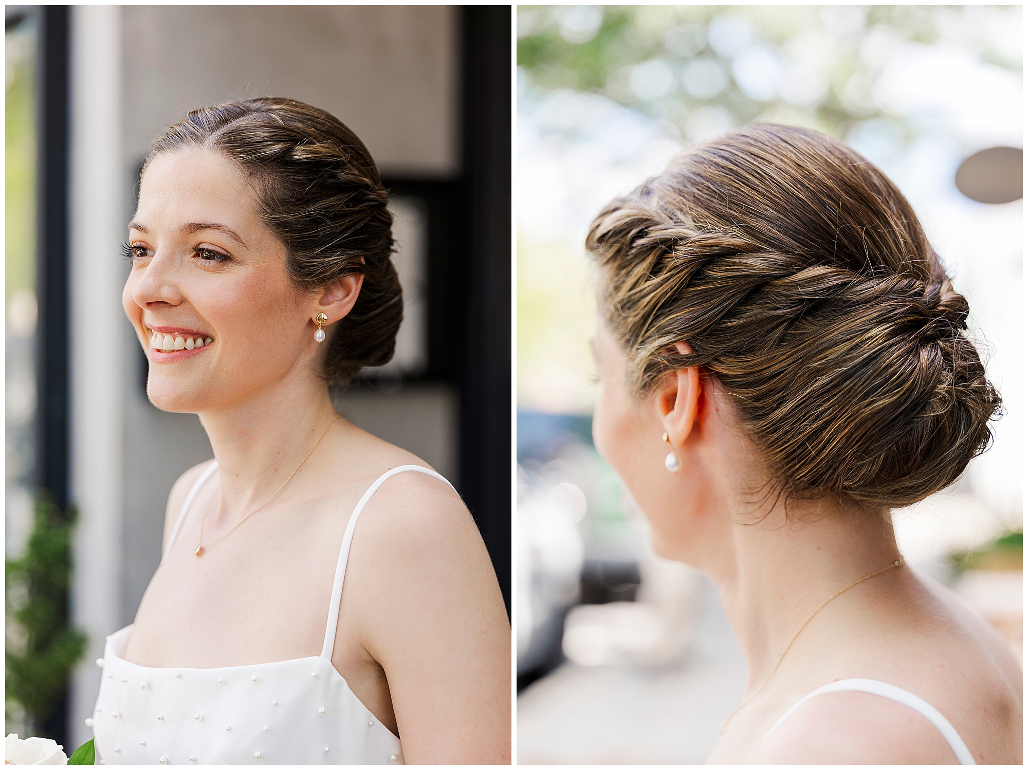 A woman in a white dress with pearl details smiles outdoors, embodying the elegance of a cafe alaia micro-wedding; her brown hair is styled in an elegant, twisted updo, shown from the front and side in natural daylight.