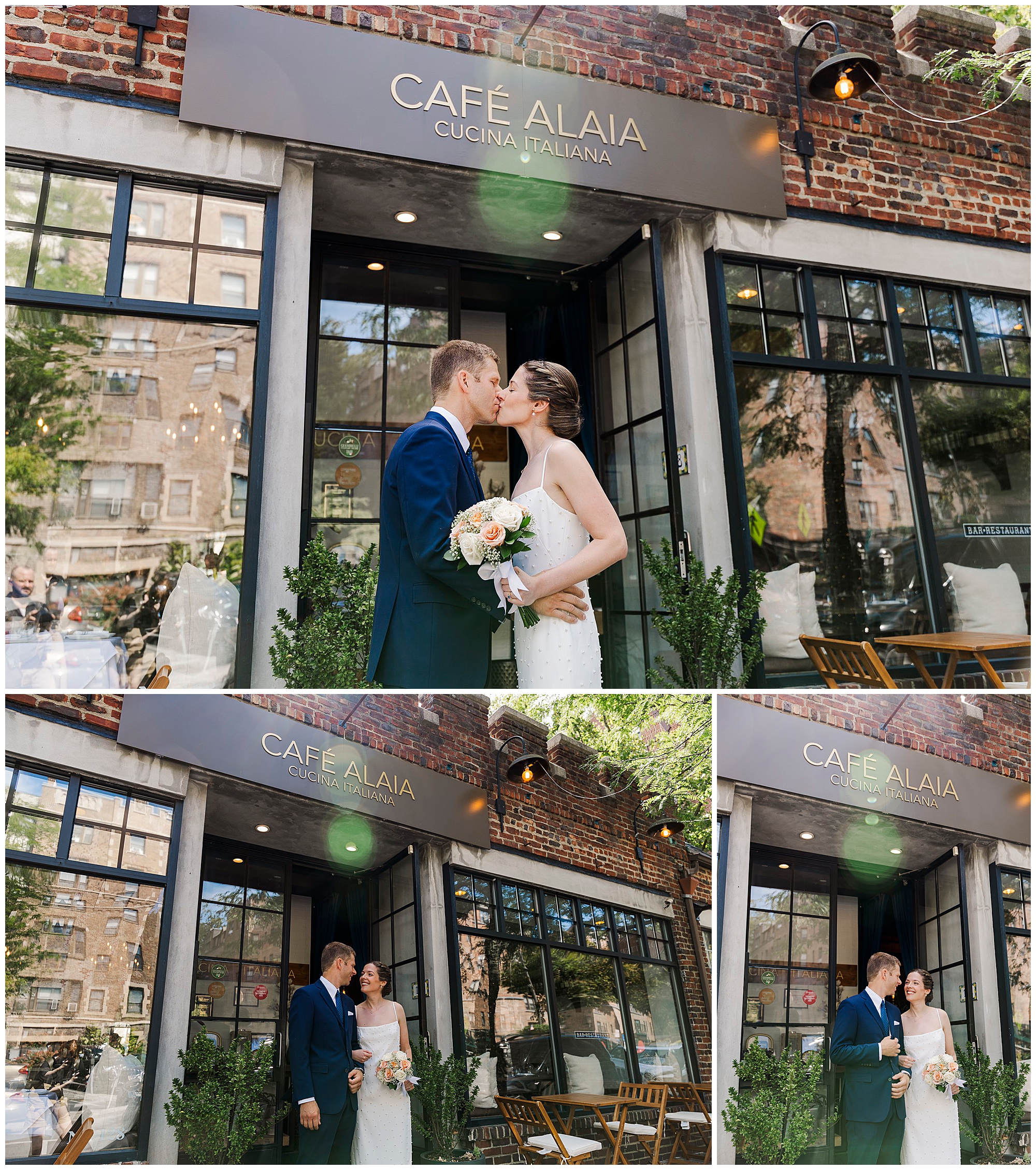A bride and groom stand outside Café Alaia, holding hands and a bouquet, sharing a kiss and smiling at each other in wedding attire, capturing the intimate joy of their Café Alaia micro-wedding.