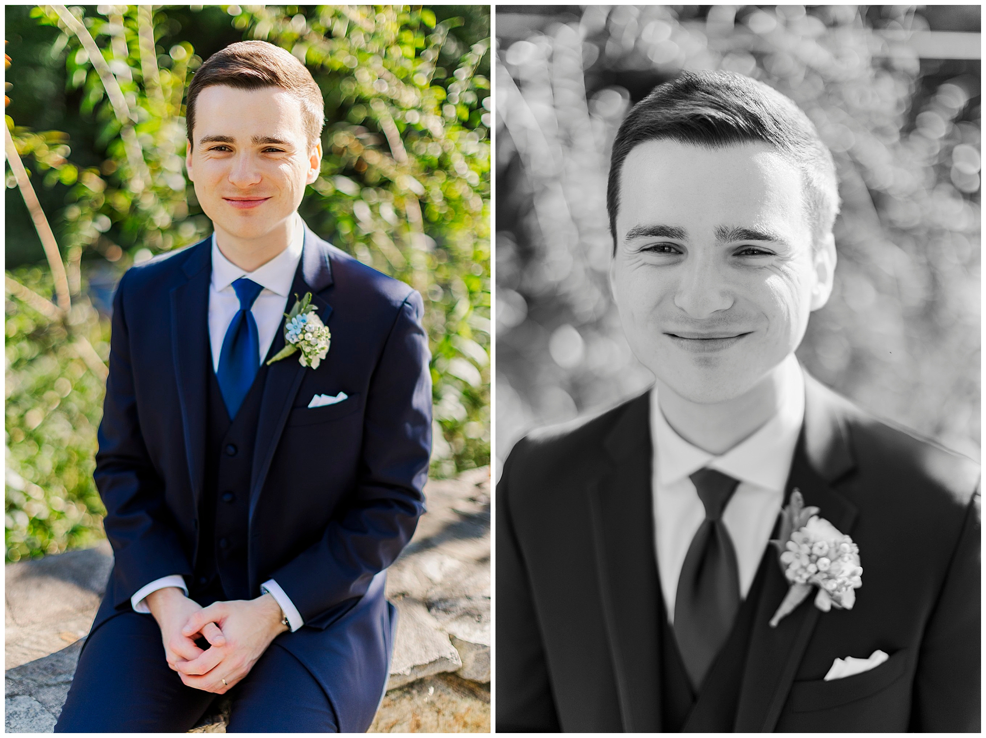 Groom in a navy suit with a blue tie and boutonniere sits outdoors smiling, in color and in a black and white close-up.