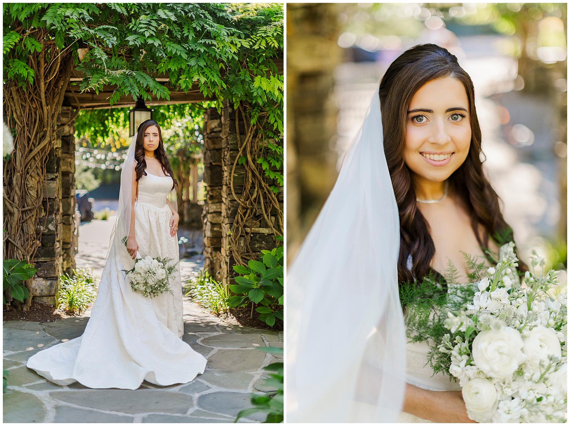Bride holding a bouquet of white flowers stands under a leafy arch, with a close-up of her veil and bouquet.