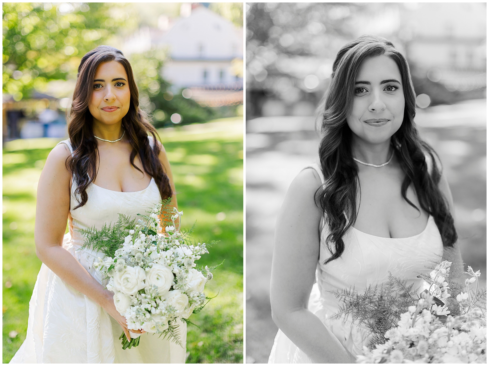 Bride with long dark hair and a pearl necklace holds a bouquet of white flowers, in color and in black and white.
