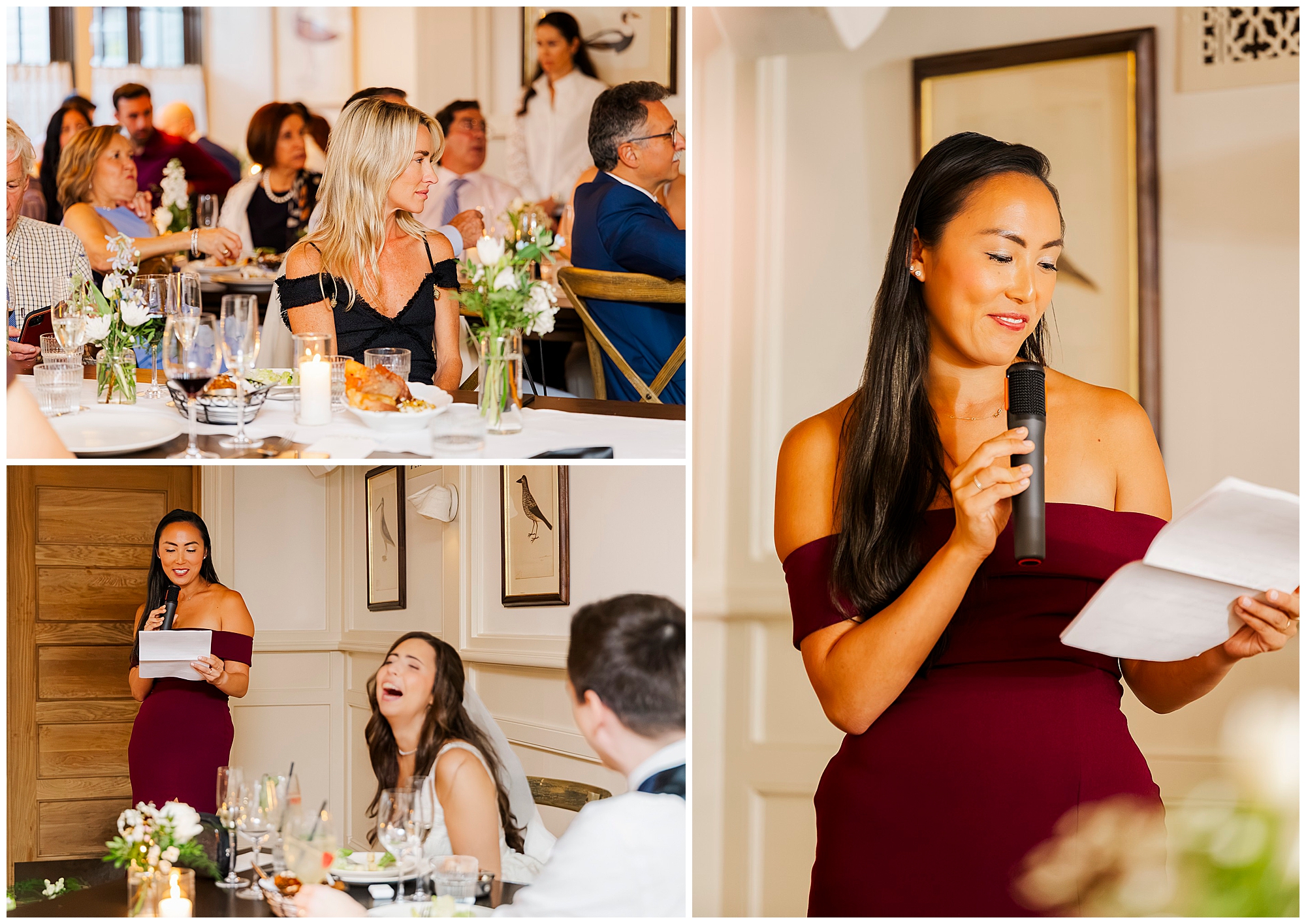 Woman in a burgundy dress gives a speech while the laughing bride and guests react at their tables.