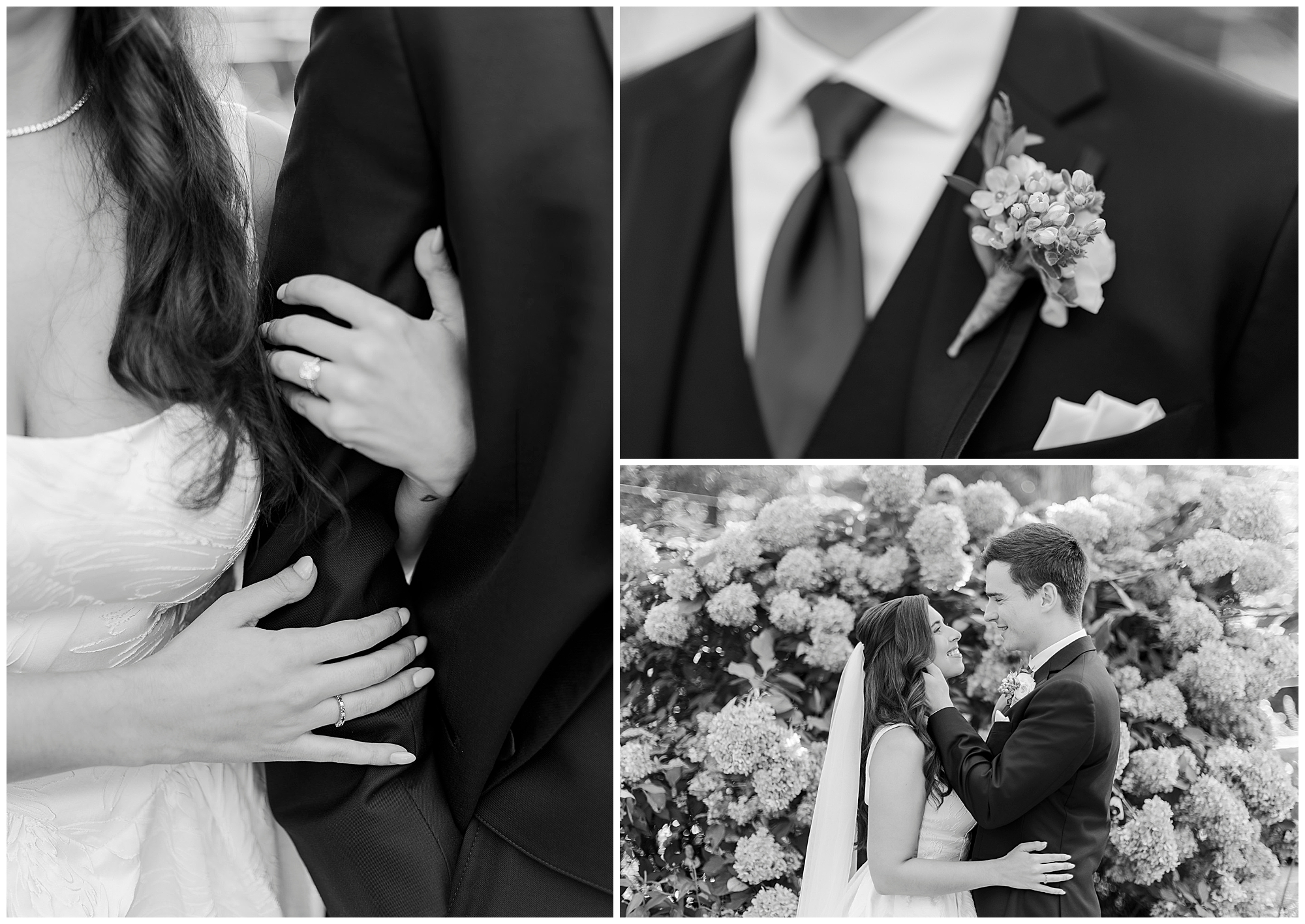 Black and white collage with close-ups of the couple's hands and attire, and a wider shot of them embracing near blooming flowers.