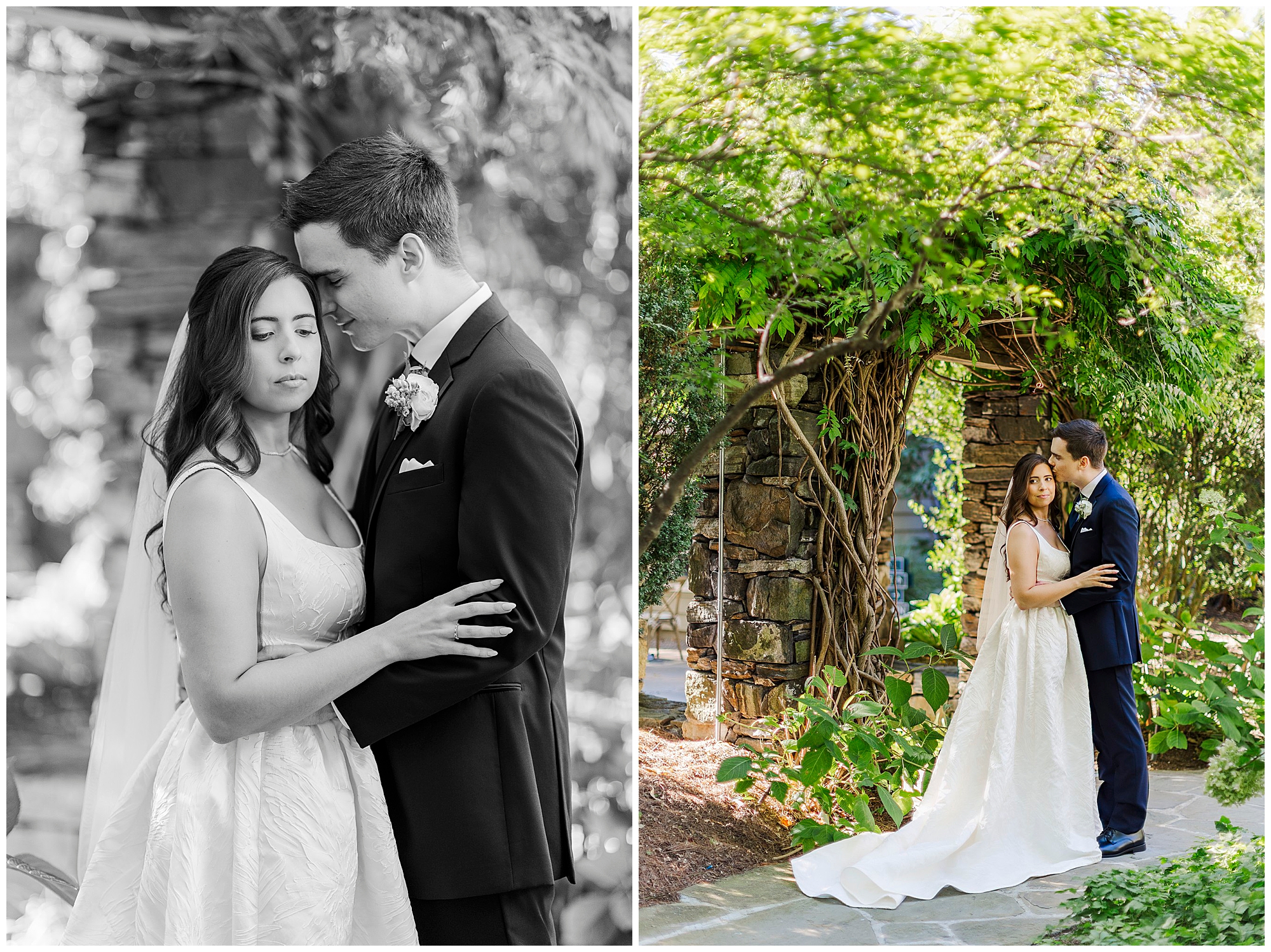 Bride and groom embrace in the lush garden at Bedford Post Inn beneath greenery and stone archways.