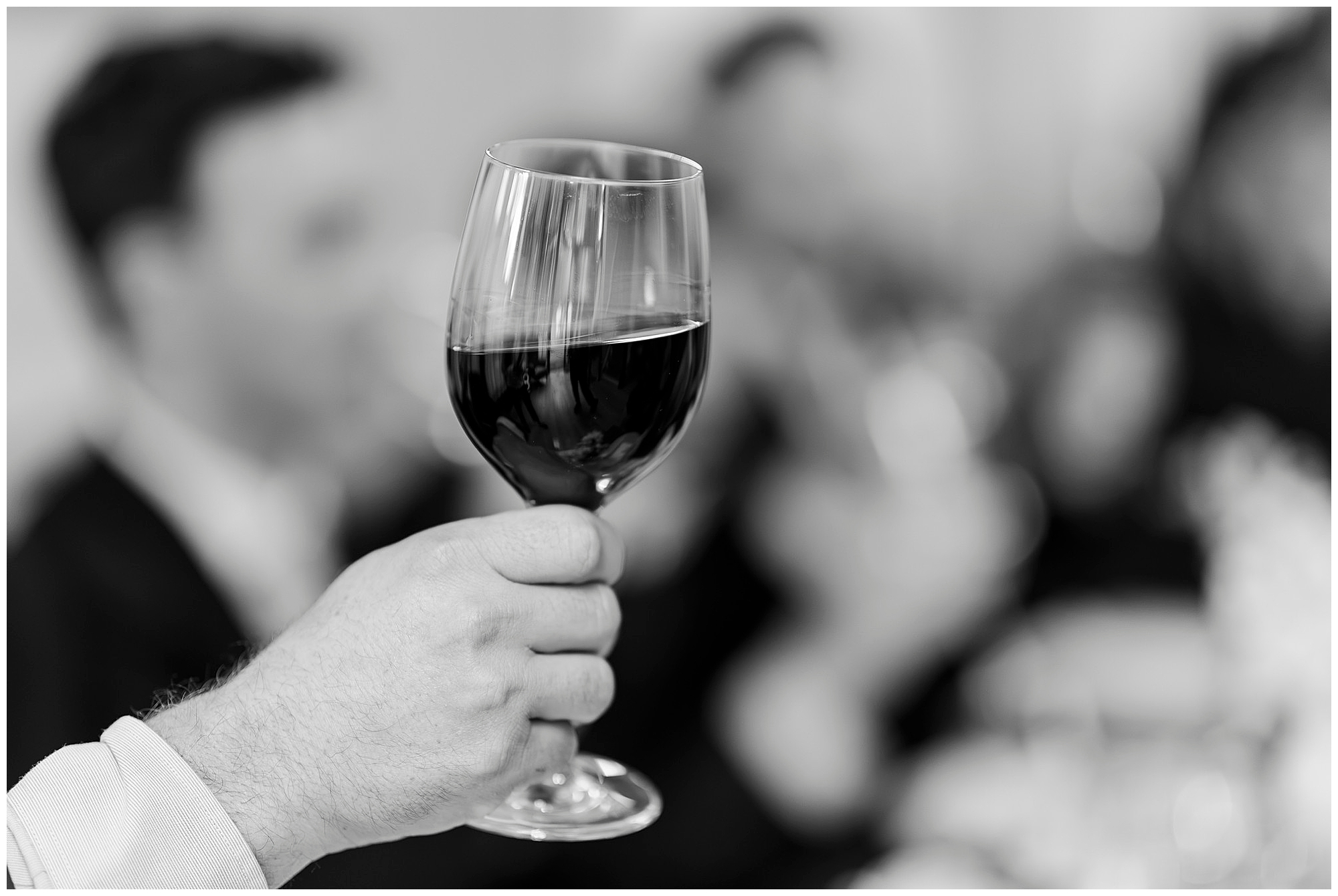 Black and white photo of a hand raising a glass of red wine in a toast, with guests at the table blurred behind it.