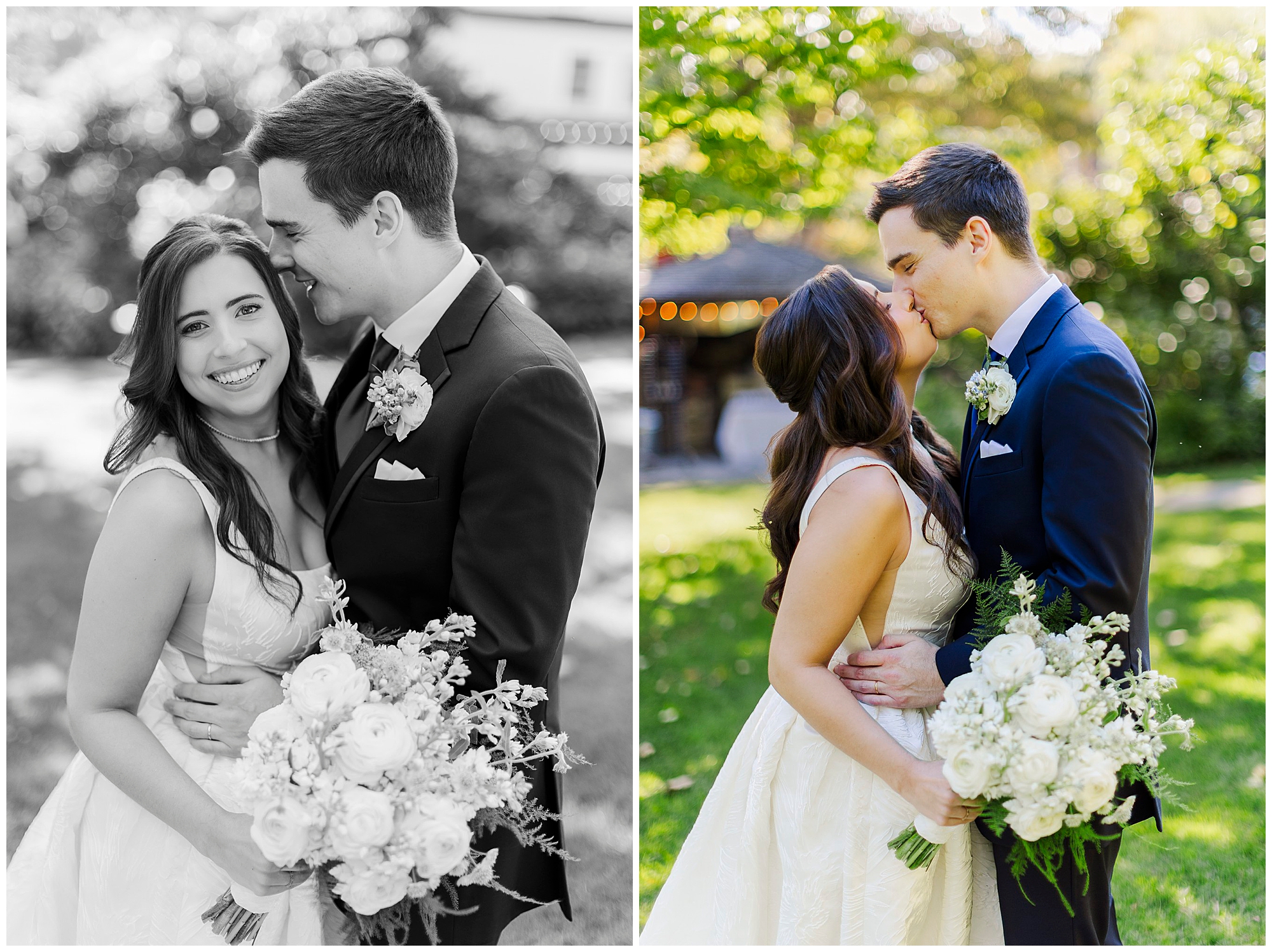 Bride and groom embrace with her bouquet of white flowers, and kiss in the sunlit garden.