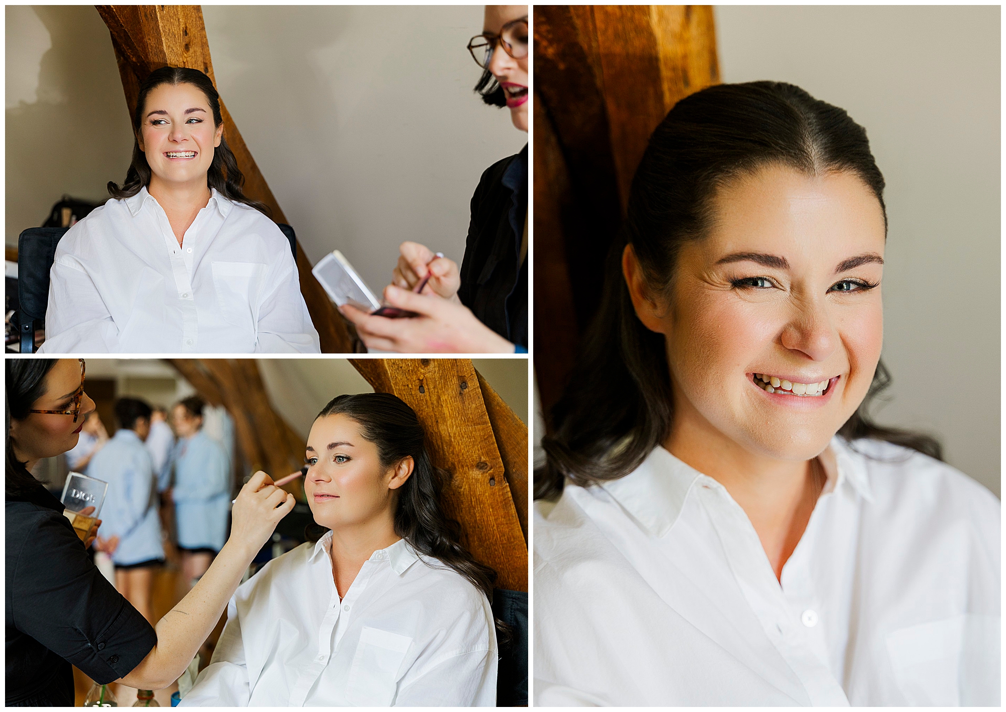 A woman in a white shirt smiles while getting her makeup done by another person, with close-up and candid shots showing her happy and relaxed during the process.