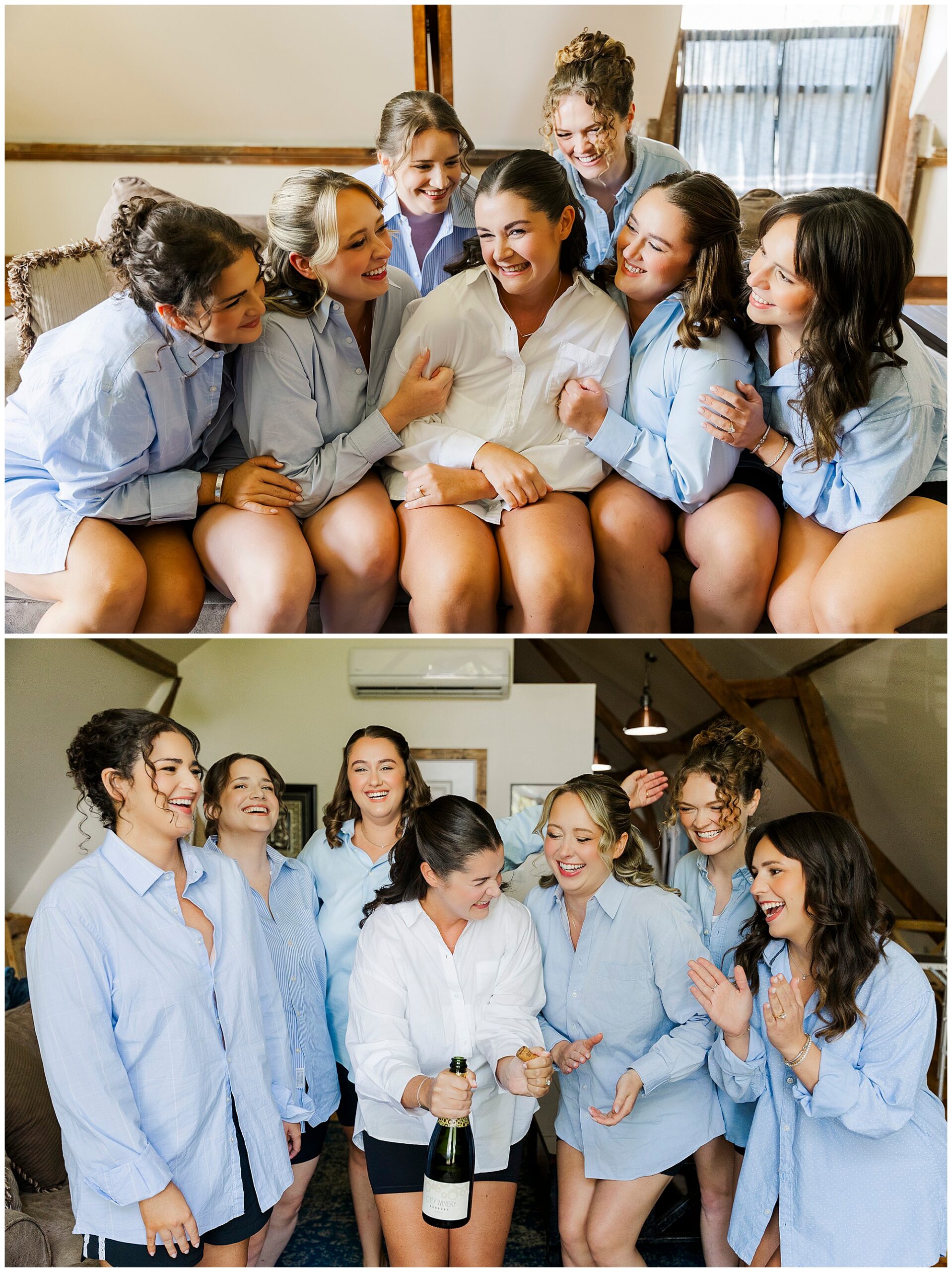 Two photos of eight women in matching shirts having fun indoors. In the first, they sit on a couch and smile together. In the second, they stand as one woman opens a bottle of champagne while the others cheer.