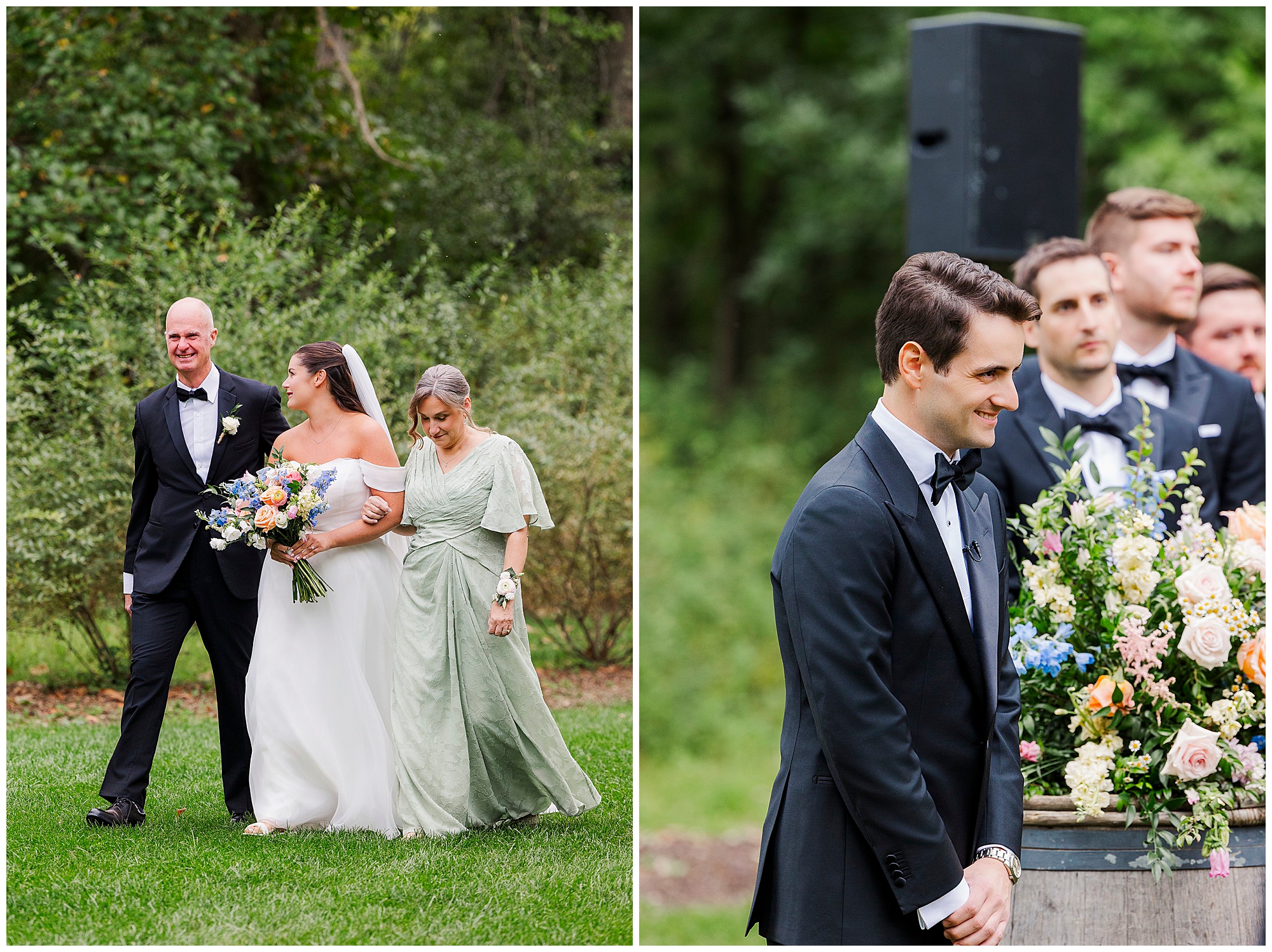 Left: A bride in a white dress walks on grass, smiling, flanked by two adults. Right: A groom in a black tuxedo smiles, standing near floral arrangements, with groomsmen behind him.