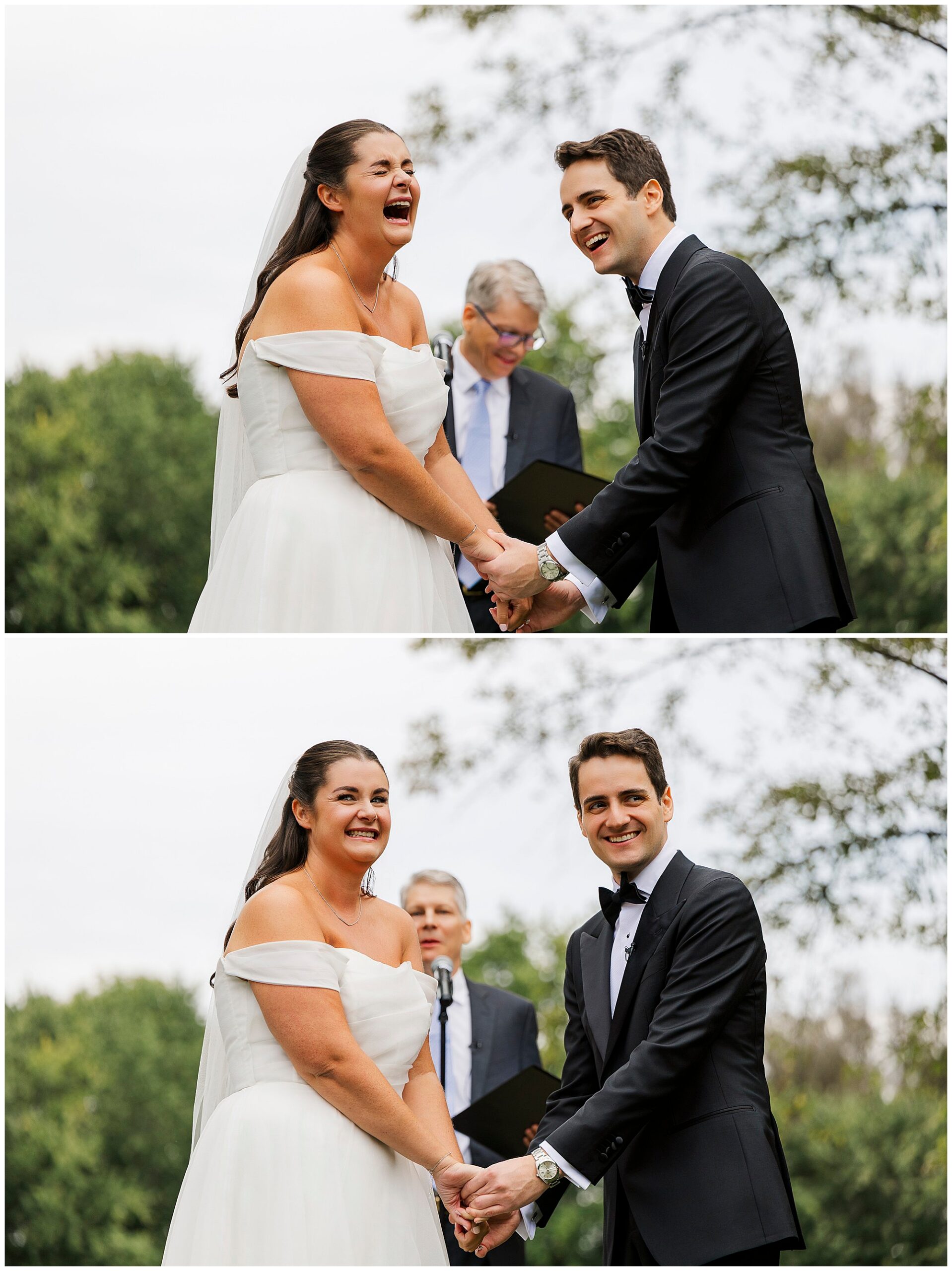 A bride and groom stand outdoors, holding hands and smiling joyfully during their wedding ceremony. An officiant with a book stands behind them. Trees and greenery fill the background.