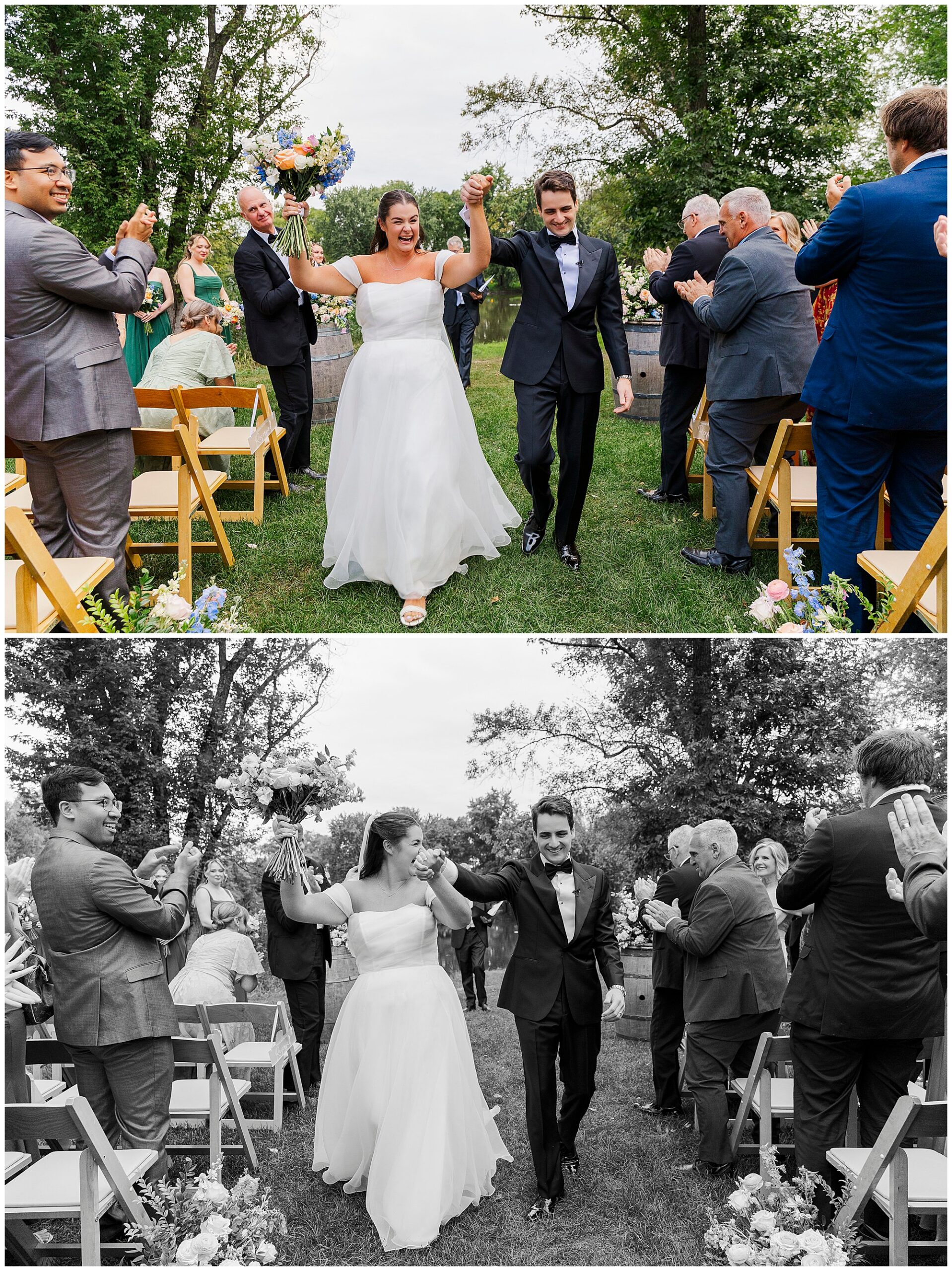 A bride and groom walk hand-in-hand down the aisle outdoors, smiling as guests on both sides clap and cheer. The images are nearly identical; one is in color, the other is in black and white.