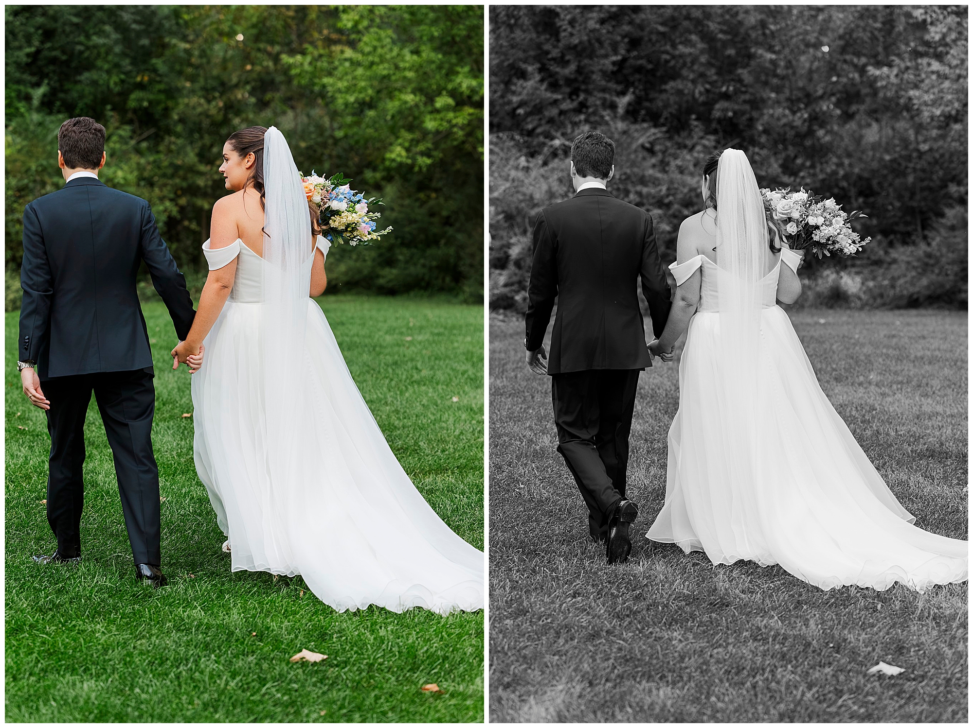 A bride in a white gown and veil holds a bouquet while walking hand in hand with a groom in a suit. The photo is shown in color and black and white. They are outdoors on grass with trees in the background.