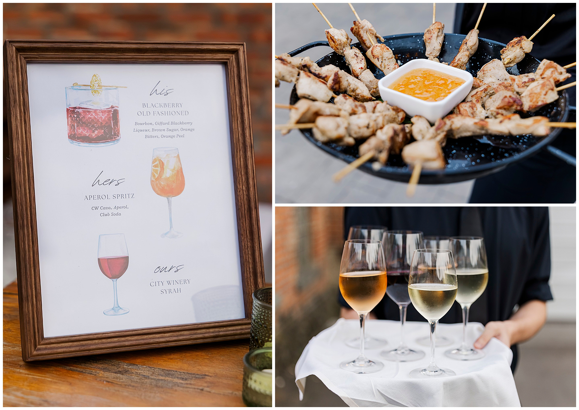 A framed cocktail menu, a tray of grilled skewers with dip, and a server holding a tray with four glasses of wine are shown in this event food and drinks display.