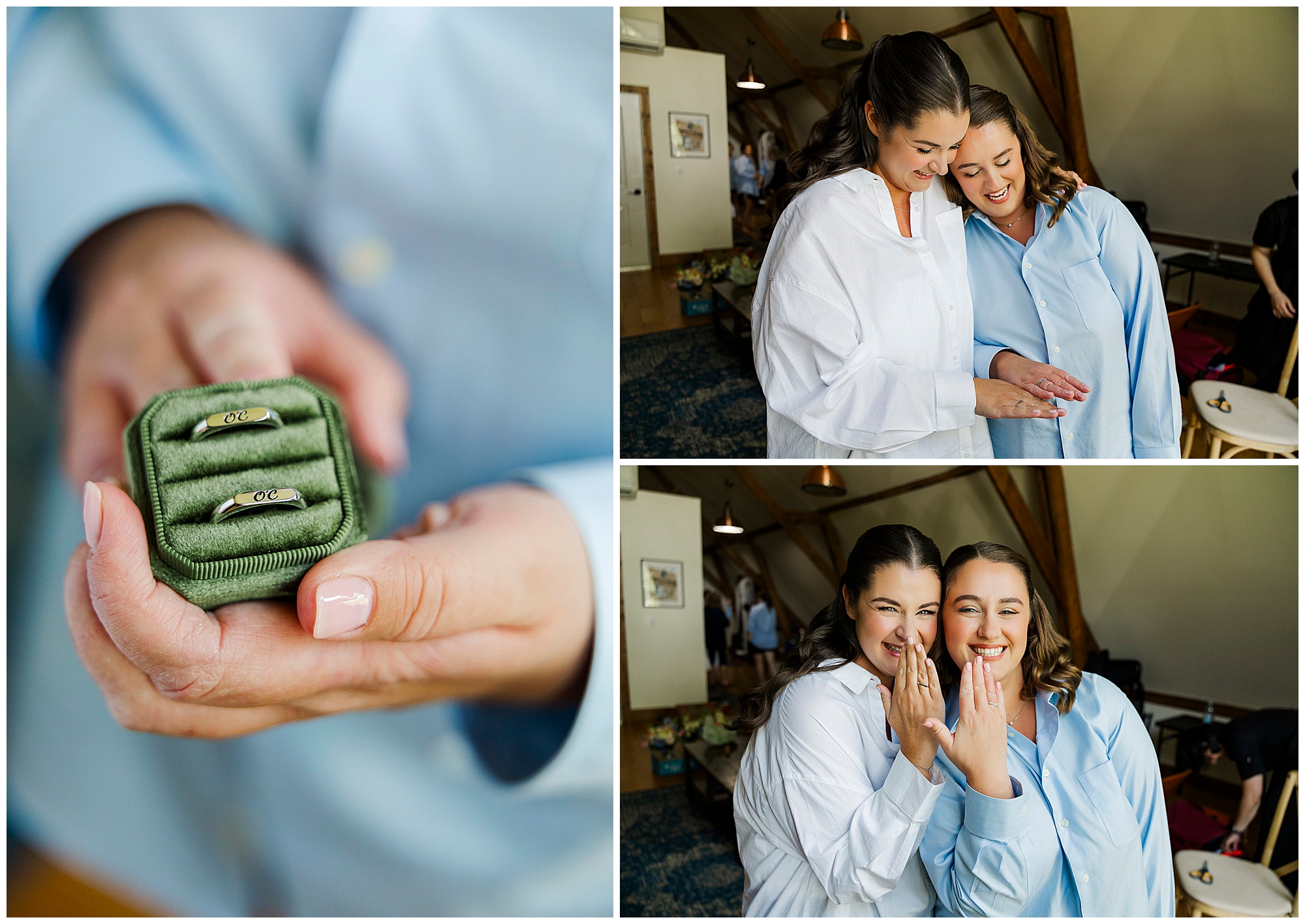 Three images: close-up of hands holding two gold rings in a green box, and two women in white shirts smiling, laughing, and showing off rings together in a cozy room.