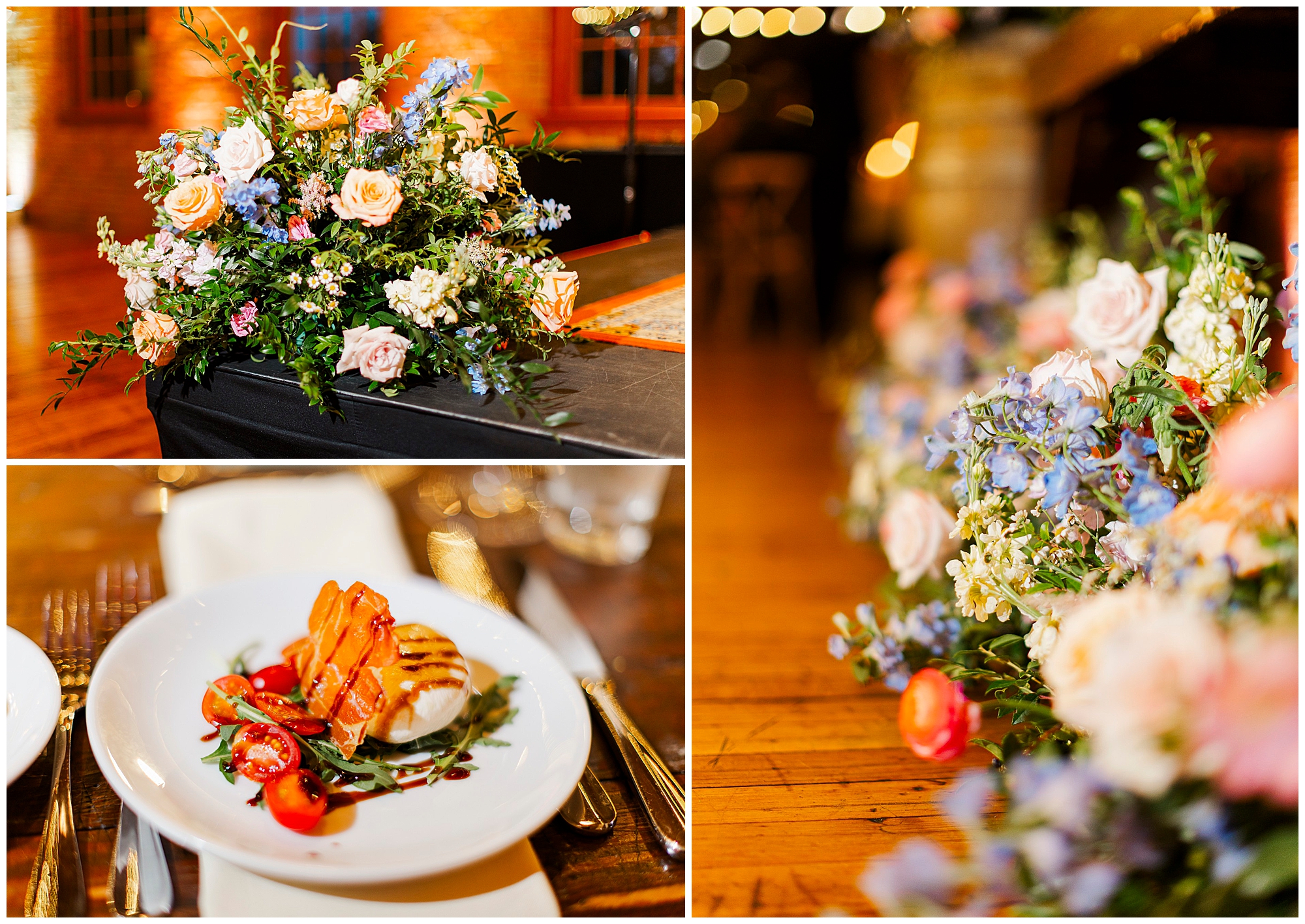 Collage showing pastel floral arrangements on a wooden floor and a close-up of a plated salad with tomatoes, greens, mozzarella, and breadsticks on a set dining table with utensils.