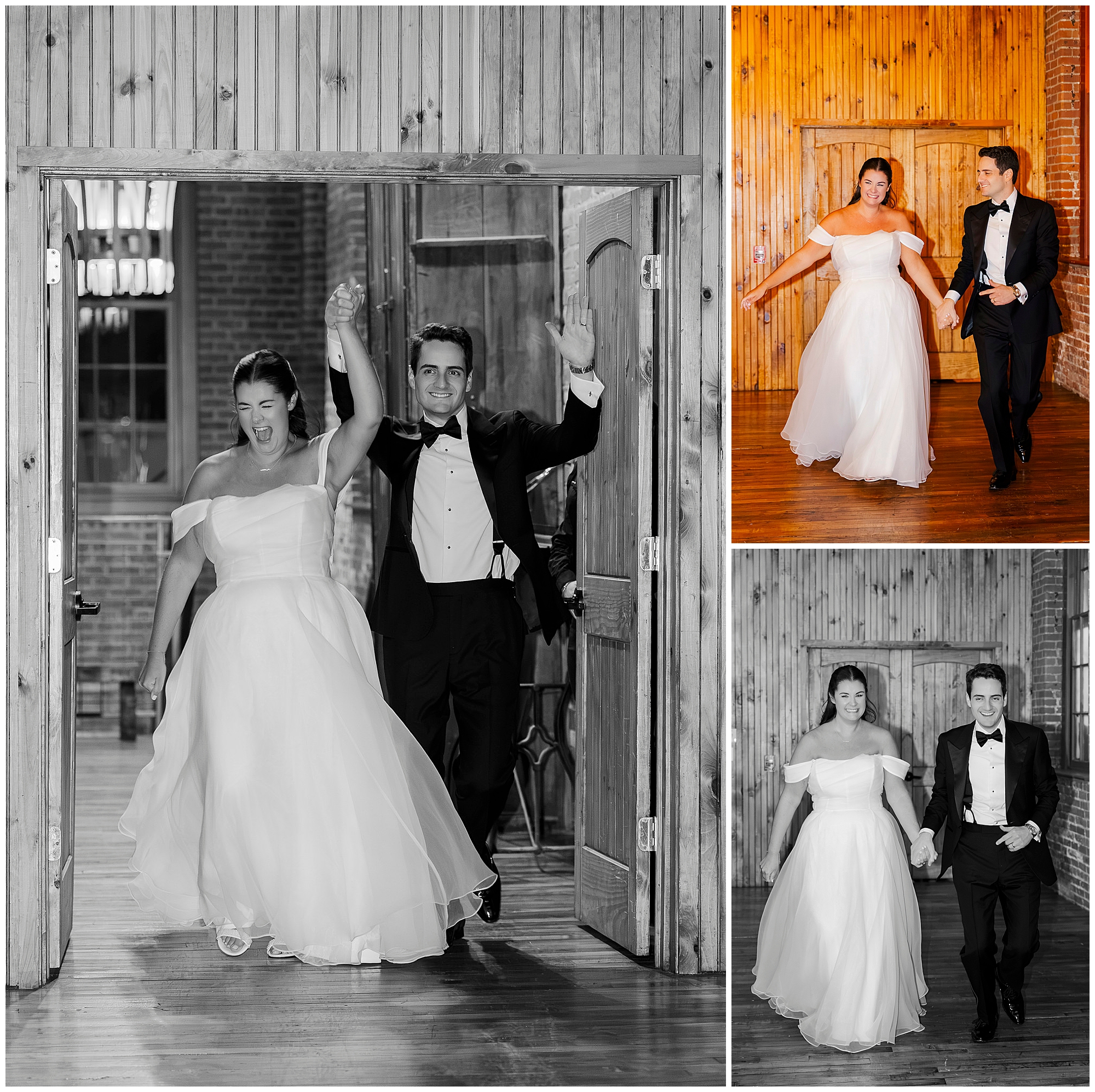 A newlywed couple in formal attire joyfully enters a rustic venue, holding hands and smiling. The bride wears an off-the-shoulder white gown; the groom is in a black tuxedo.