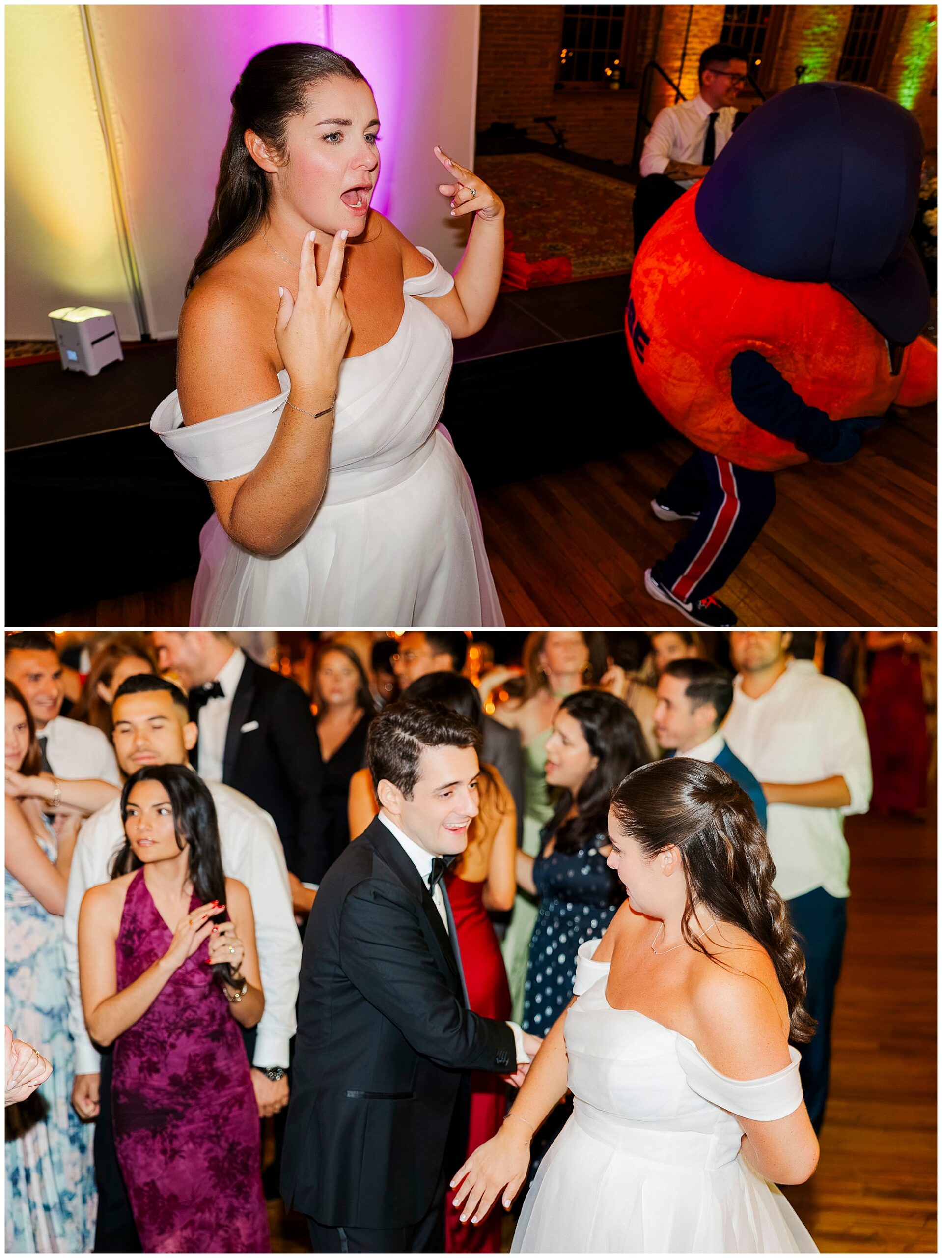 Two photos: In the first, a woman in a white dress gestures excitedly near a mascot. In the second, she smiles and dances with a man in a suit, surrounded by people at a lively indoor event.