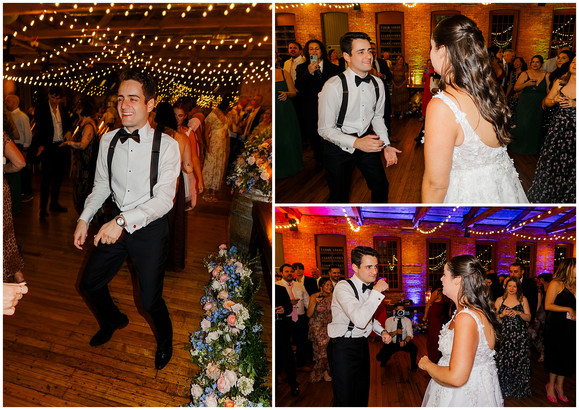 Collage of a wedding reception showing a groom dancing joyfully in suspenders and a bow tie, and the bride in a white dress. Guests surround them on a warmly lit wooden dance floor with string lights overhead.