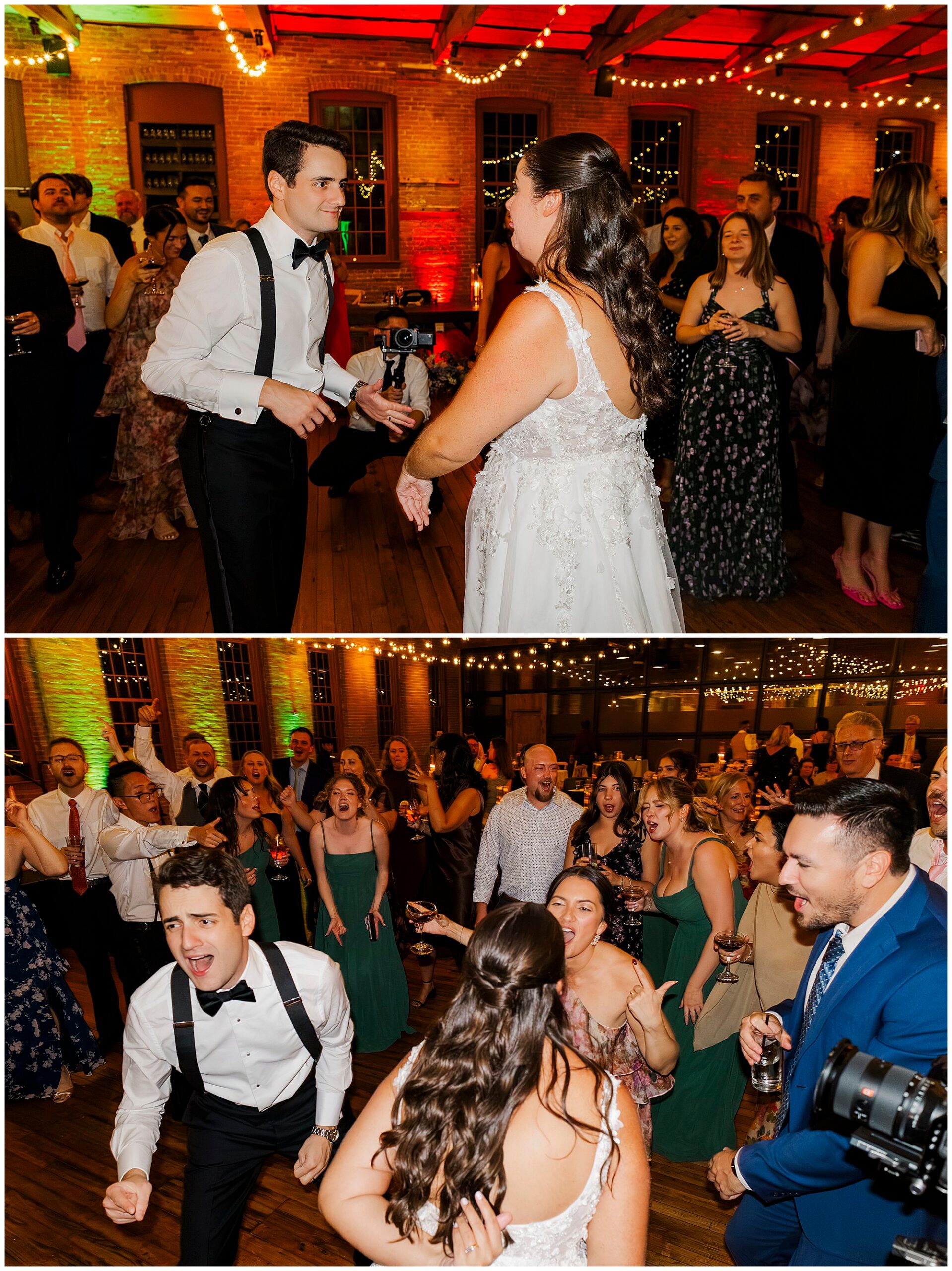 Two photos of a wedding reception: a bride and groom dance and laugh together, surrounded by guests in formal attire, under string lights in a warmly lit venue with brick walls.