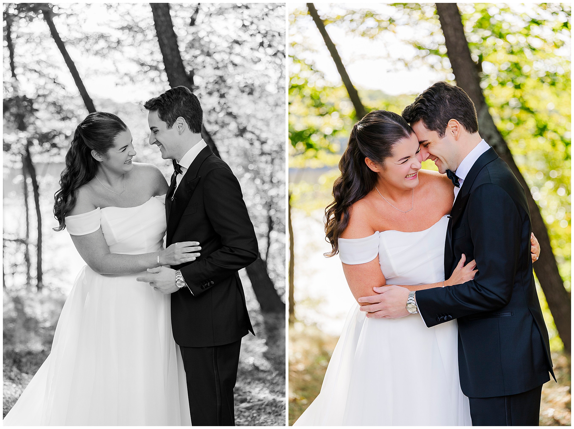 A bride in an off-shoulder dress and a groom in a dark suit stand outdoors, smiling and embracing each other under trees.