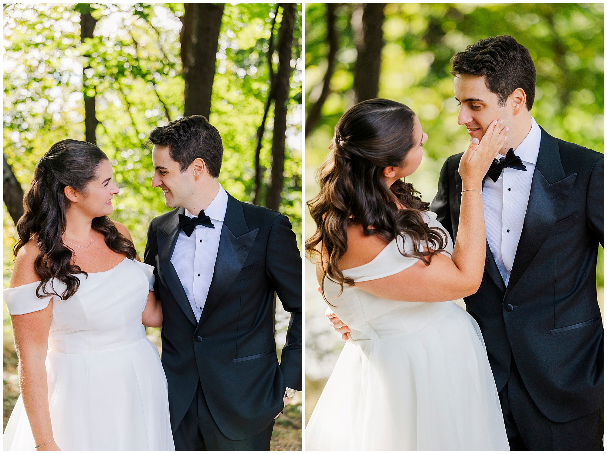 A bride in a white dress and a groom in a black tuxedo stand outdoors, gazing and smiling at each other lovingly, surrounded by green trees and sunlight.