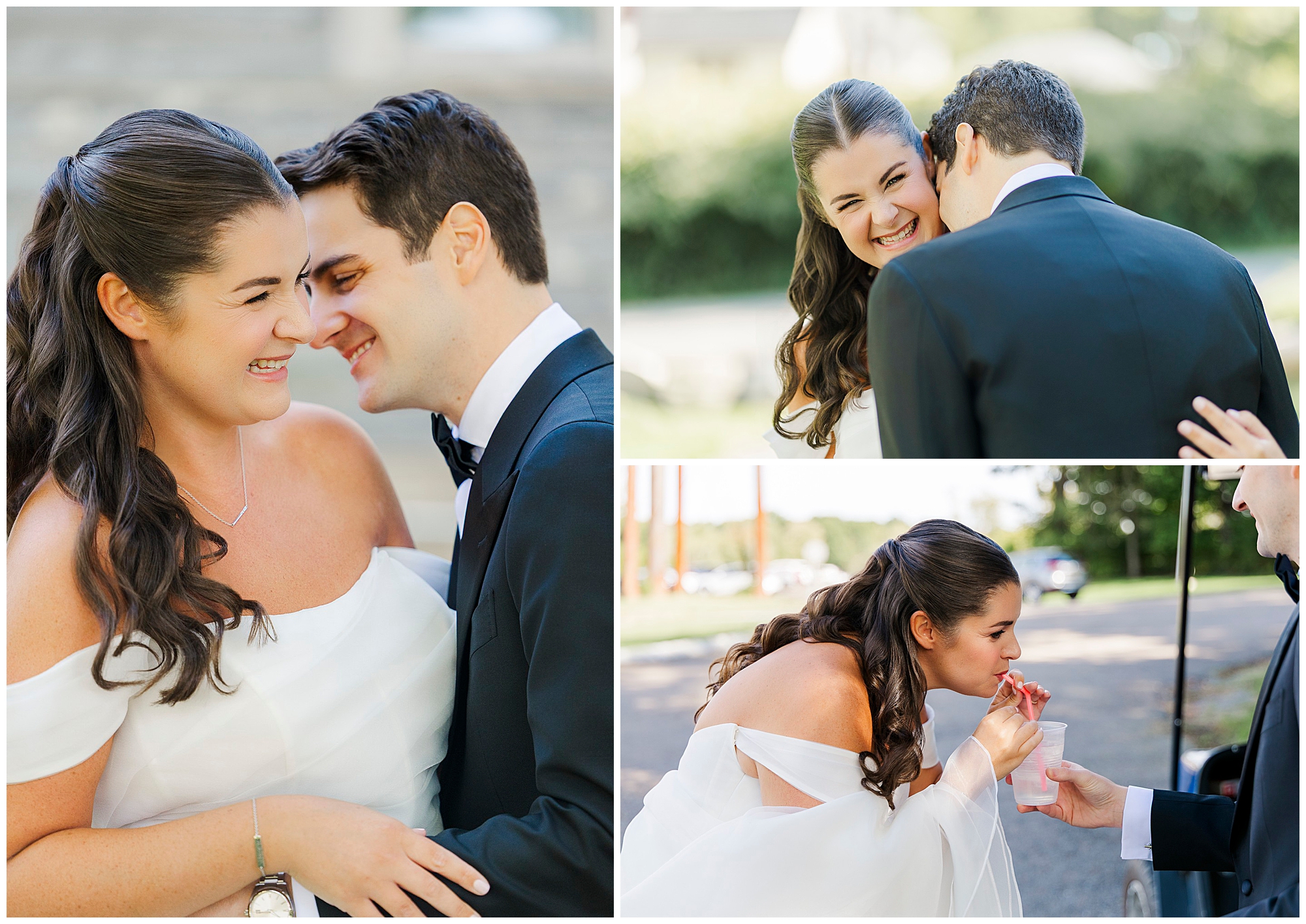 Collage of a bride and groom outdoors: smiling and cuddling, sharing a joyful moment, and the bride sipping a drink through a straw offered by the groom. Both wear wedding attire and appear happy.