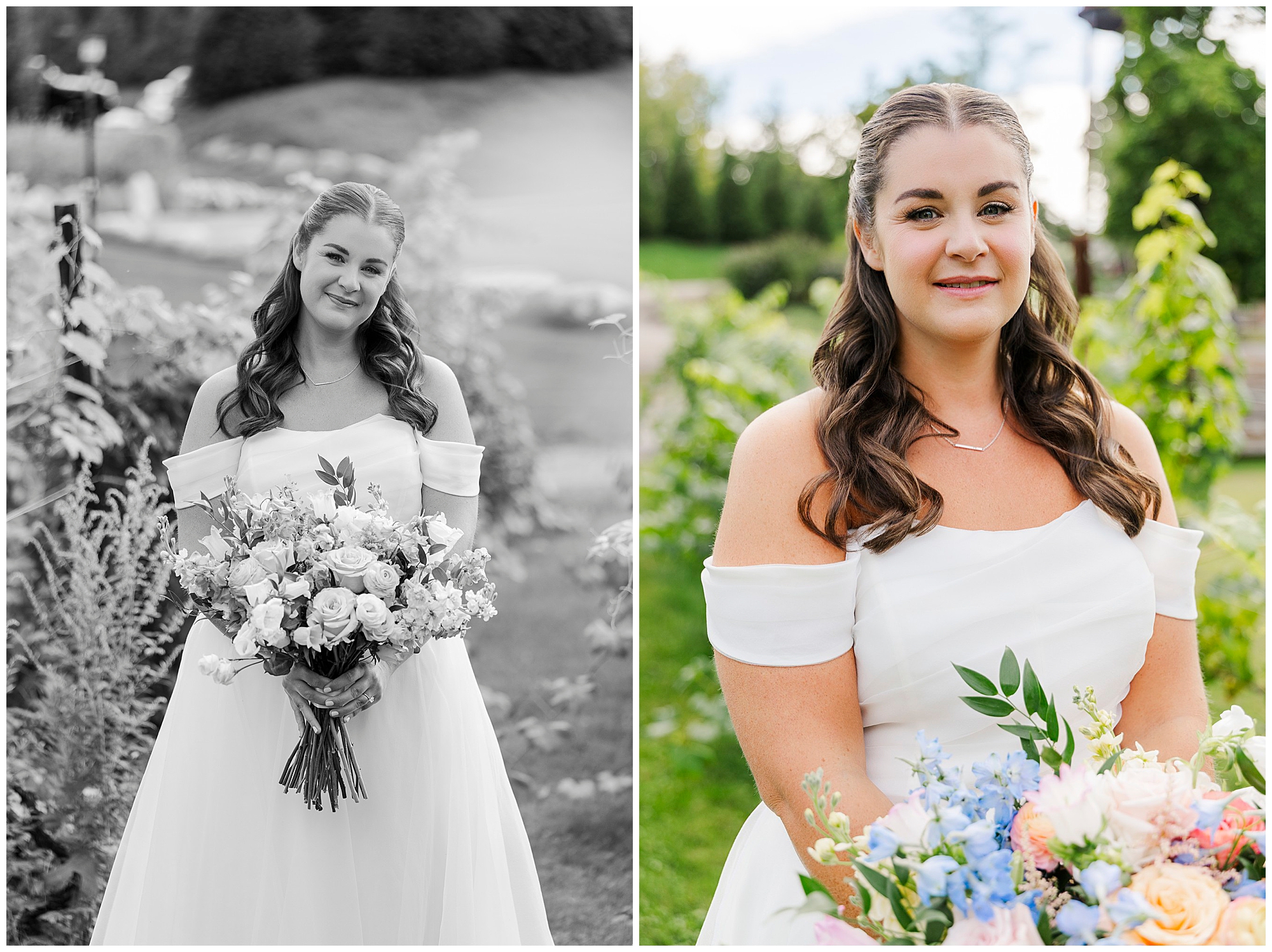 A bride in an off-shoulder white dress holds a pastel bouquet, smiling outdoors in a garden; one photo is in color and the other in black and white.