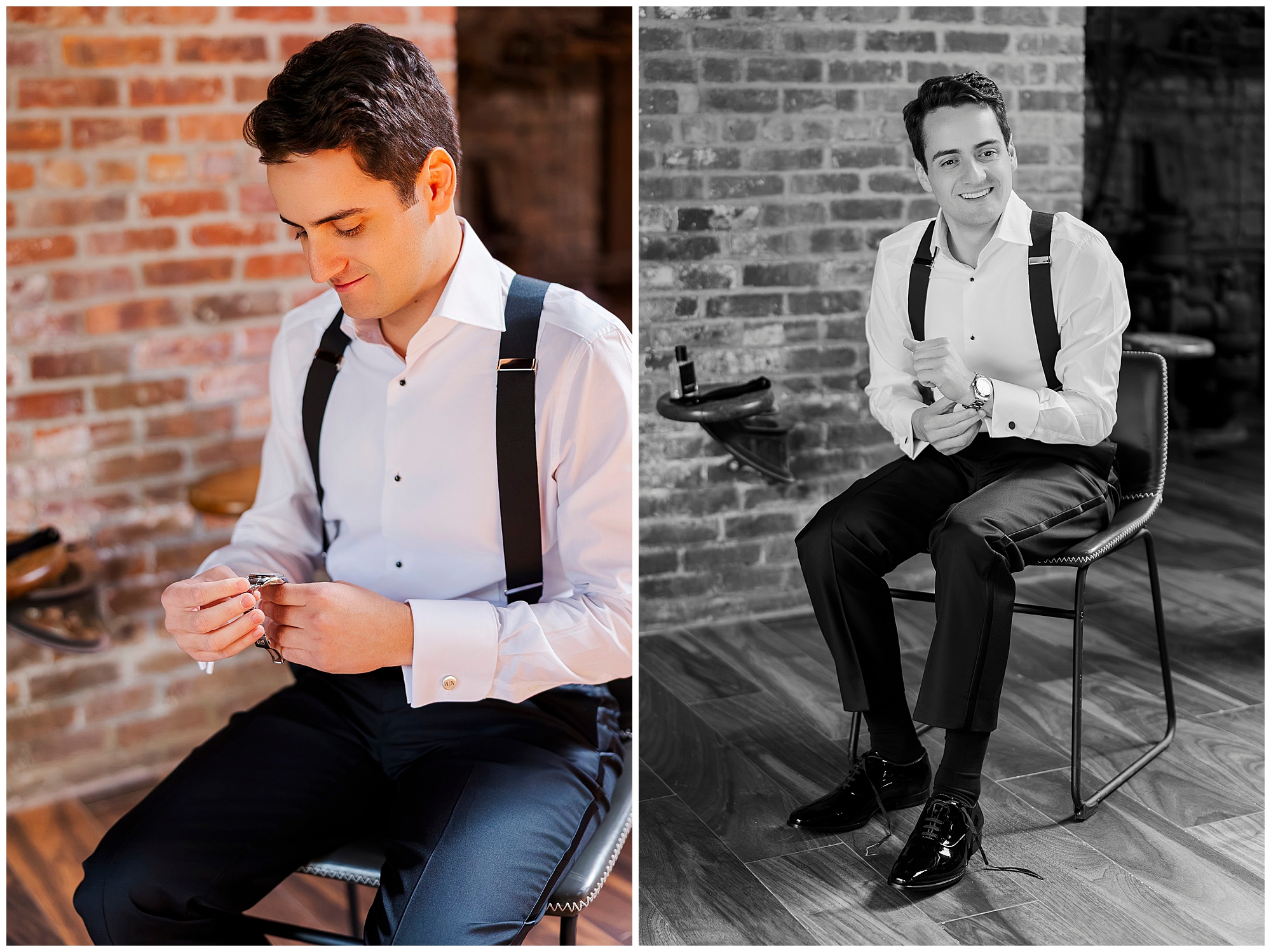 A man in formal attire sits on a chair, adjusting his watch in one photo and smiling in the other, against a brick wall background.