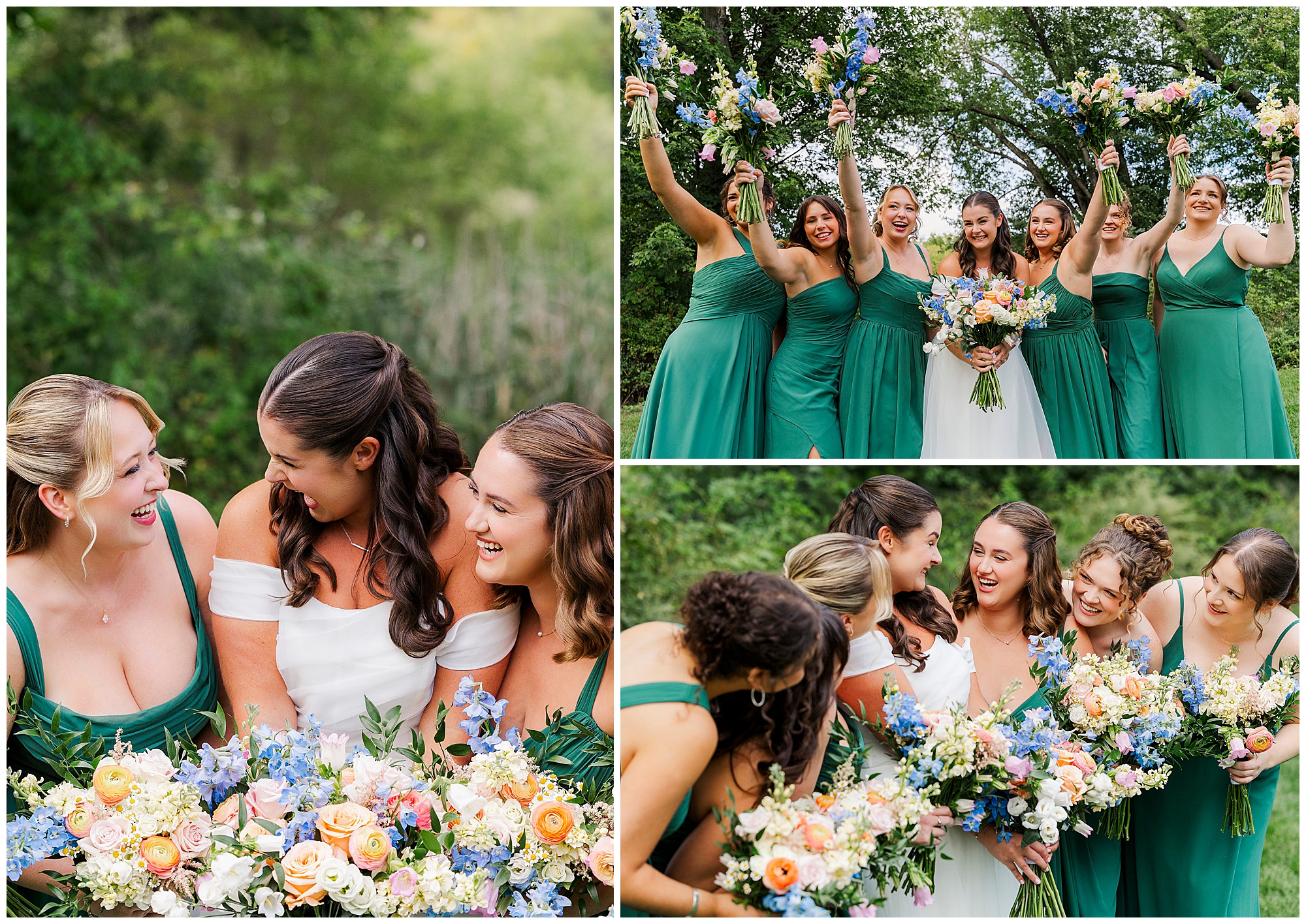 Three photos show a bride in white and bridesmaids in green dresses holding colorful bouquets, laughing and celebrating together outdoors against a green, leafy background.