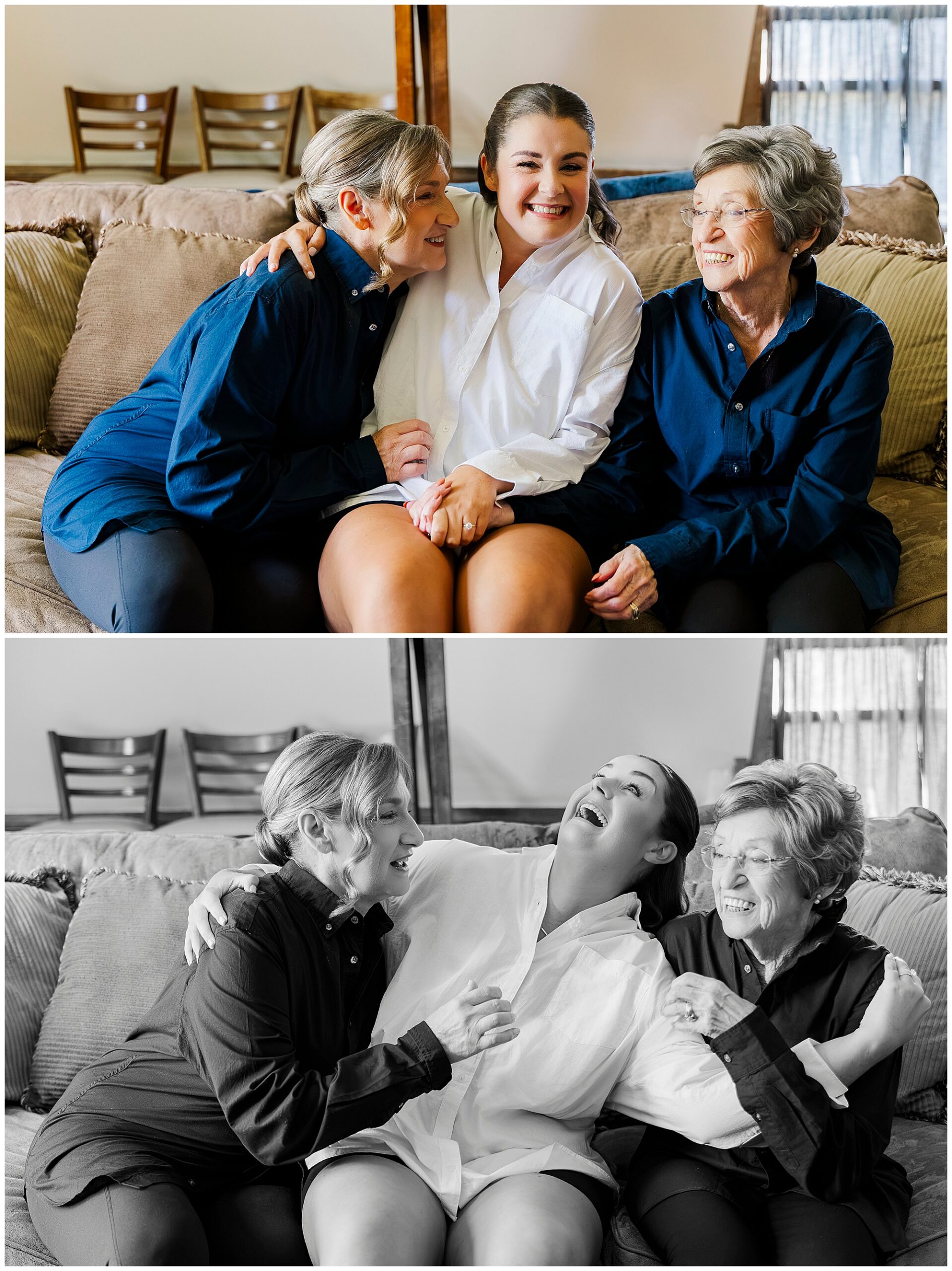 Two photos show three women sitting on a couch, smiling and laughing together. The woman in the center wears a white shirt, while the others wear dark shirts. They appear joyful and share a close bond.