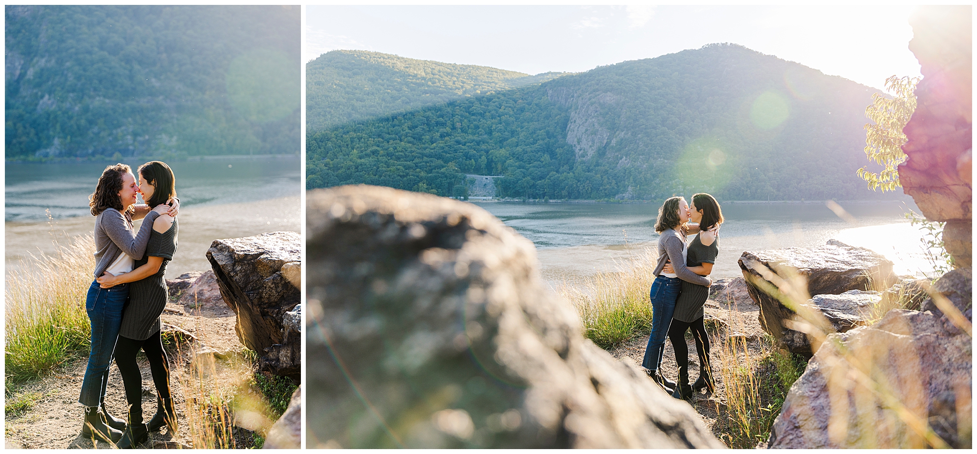 Two women embrace and smile at each other on a rocky overlook at Little Stony Point Park, with a river and green mountains in the background, bathed in warm sunlight.